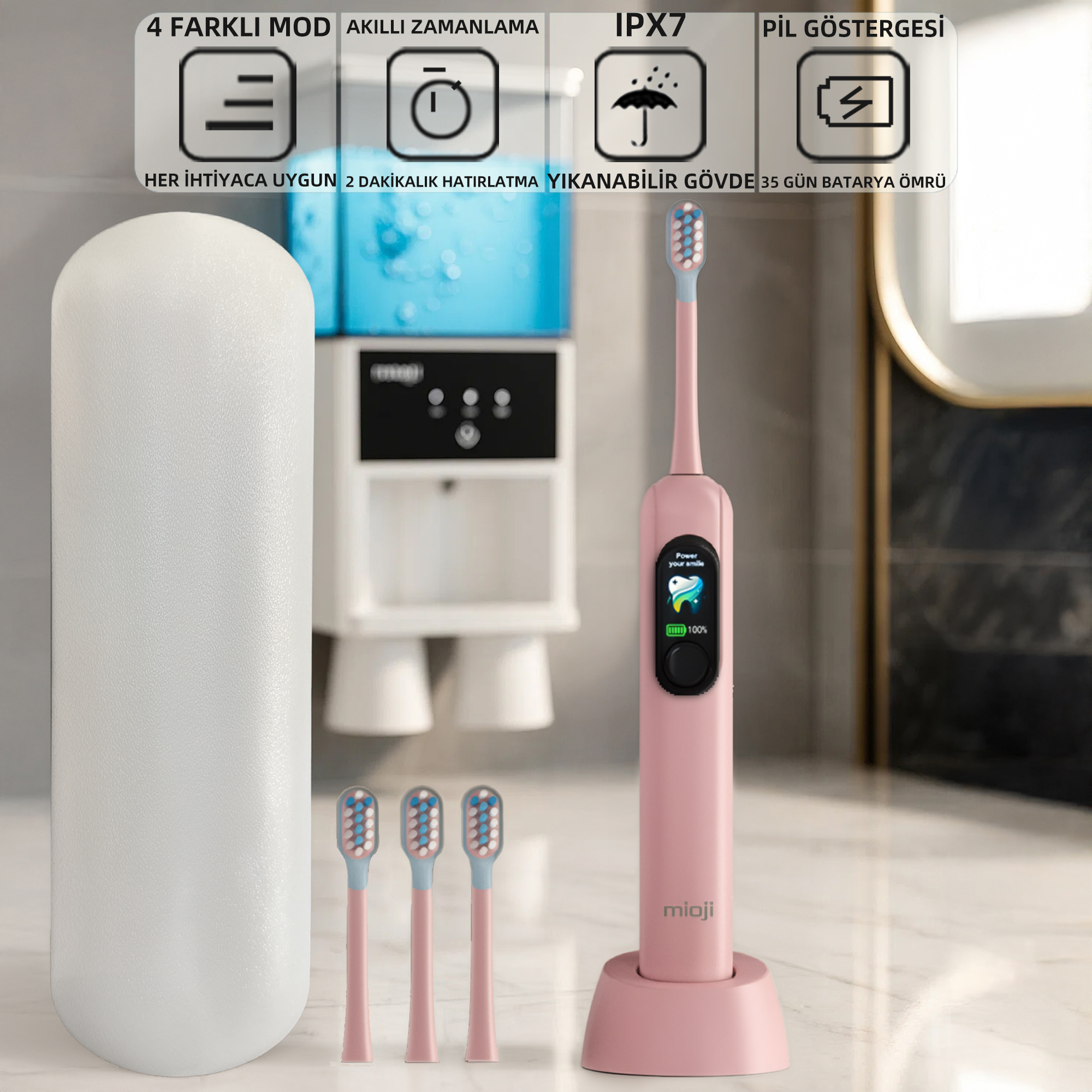 Aksesuar, şarj göstergesi ve özelliklere sahip pembe elektrikli diş fırçası.