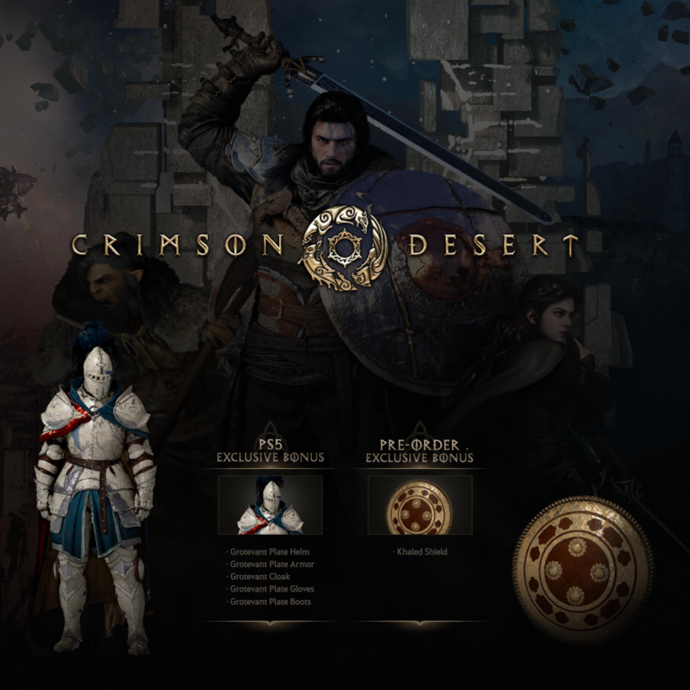 Annuncio Crimson Desert con cavalieri, armature e scudi.