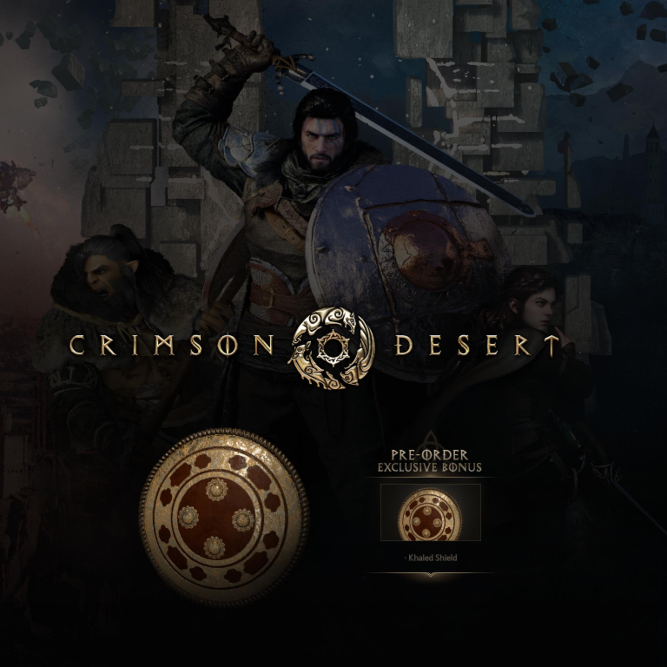 Wojownicy z mieczem i tarczą, logo "Crimson Desert" i bonus do tarczy.