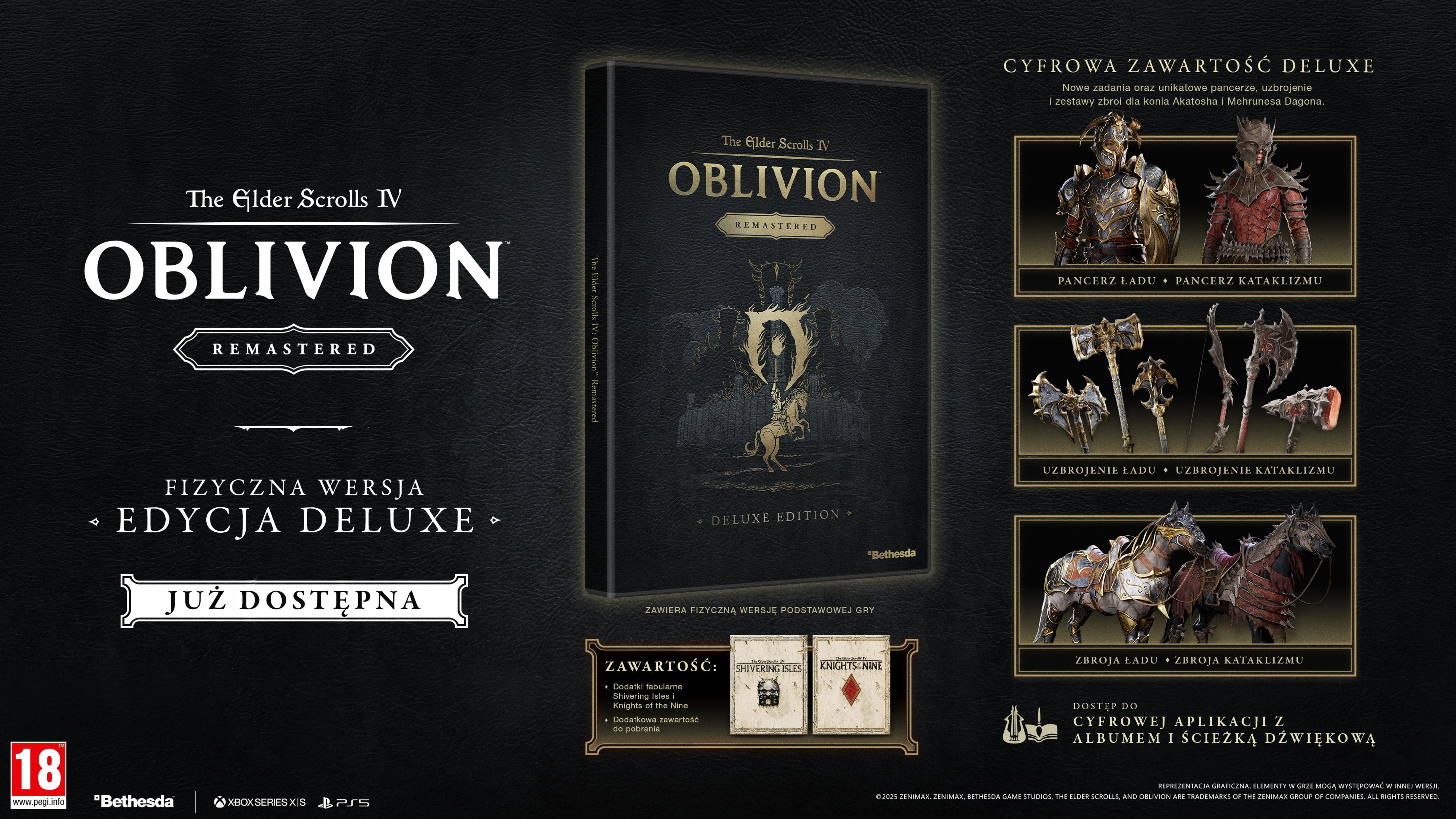 Viene pubblicizzato il gioco "The Elder Scrolls IV: Oblivion Remastered". Mostra armature, armi e cavalli.