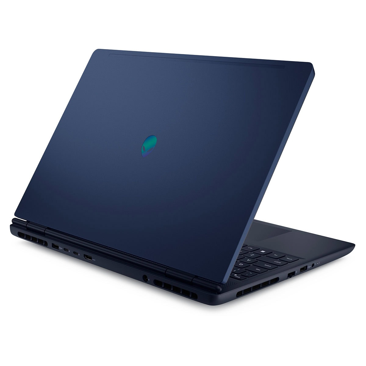 Alienware logolu lacivert dizüstü bilgisayar, beyaz zeminde açık.