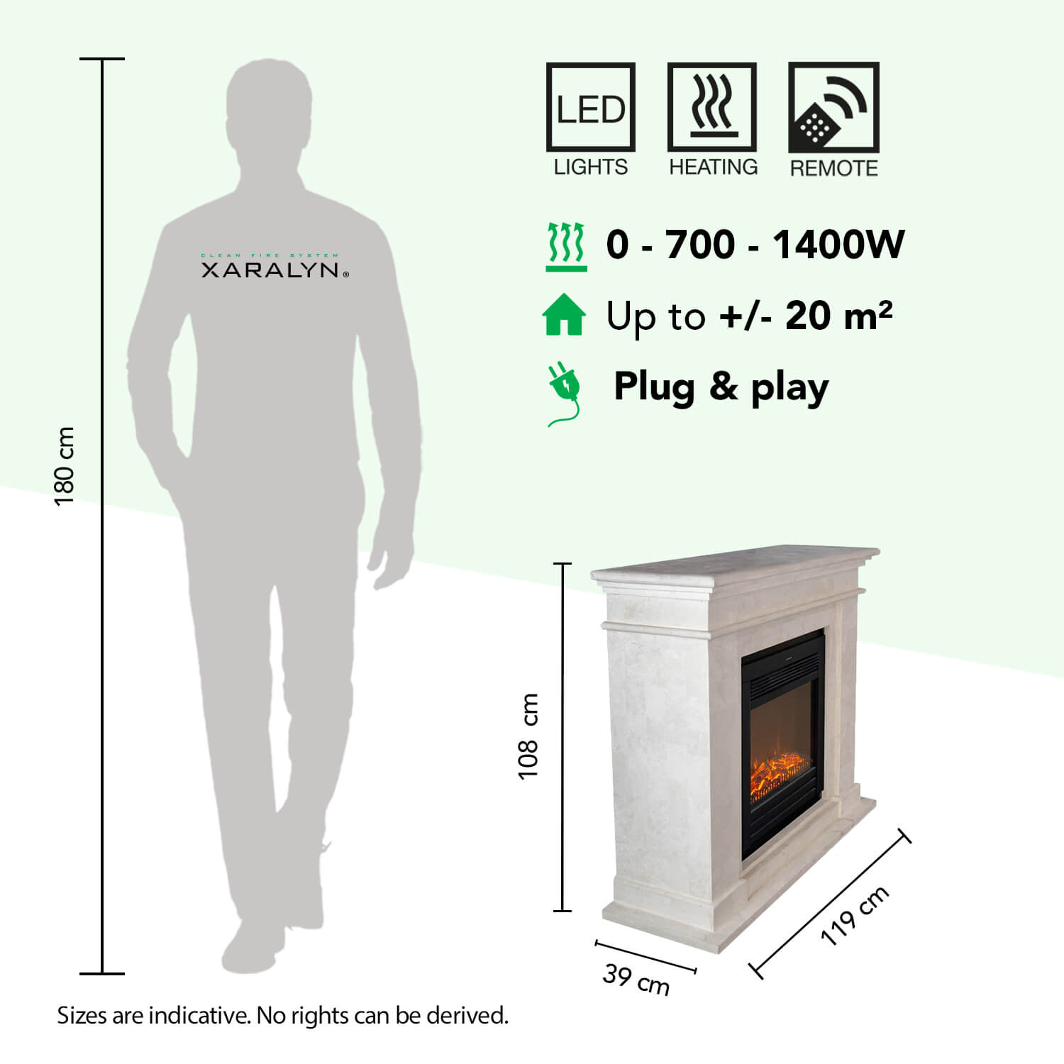 Elektrische haard: 108x119x39cm, 0-1400W, 20m², LED, afstandsbediening.