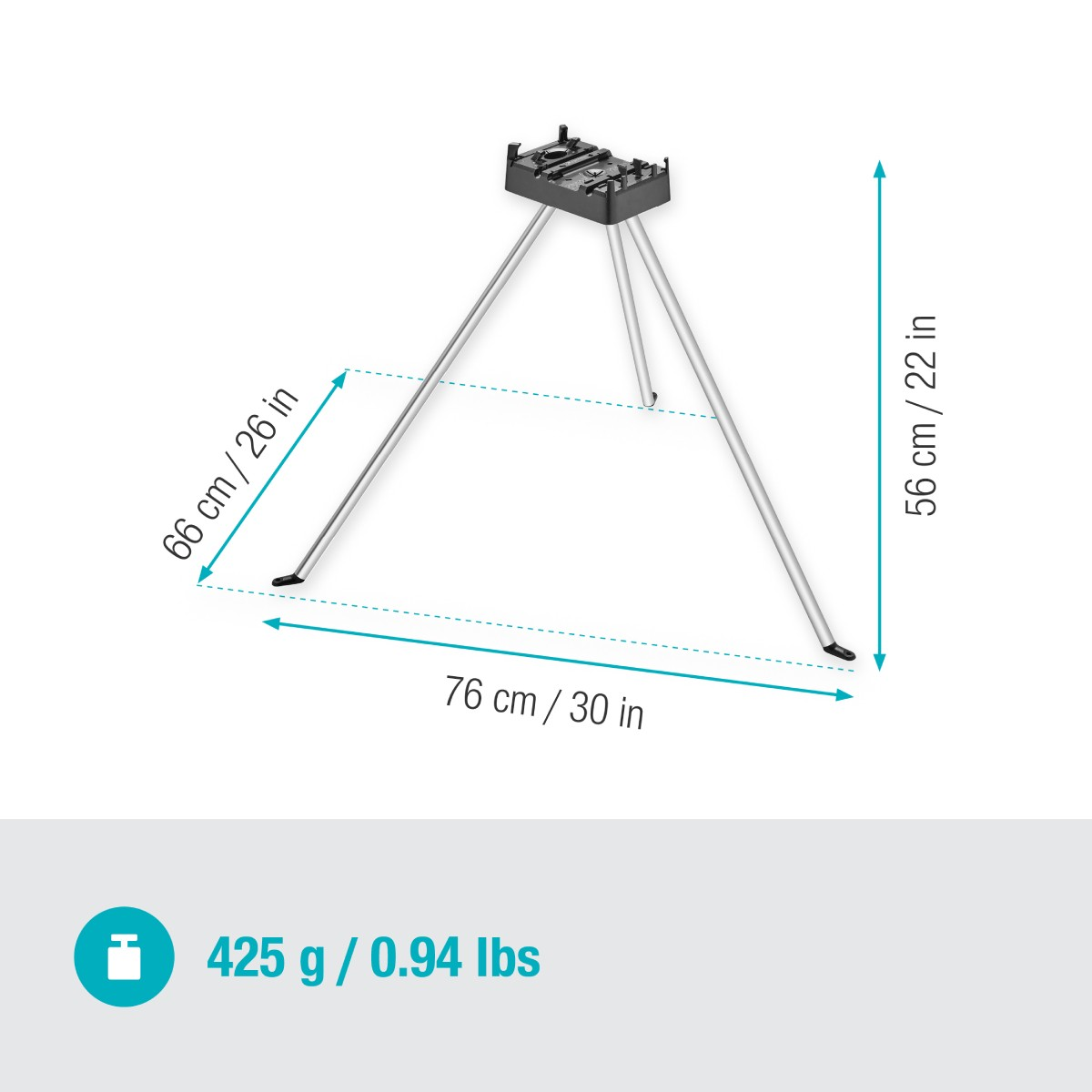Ein Stativ mit Maßen: 76x66x56 cm, Gewicht 425g.