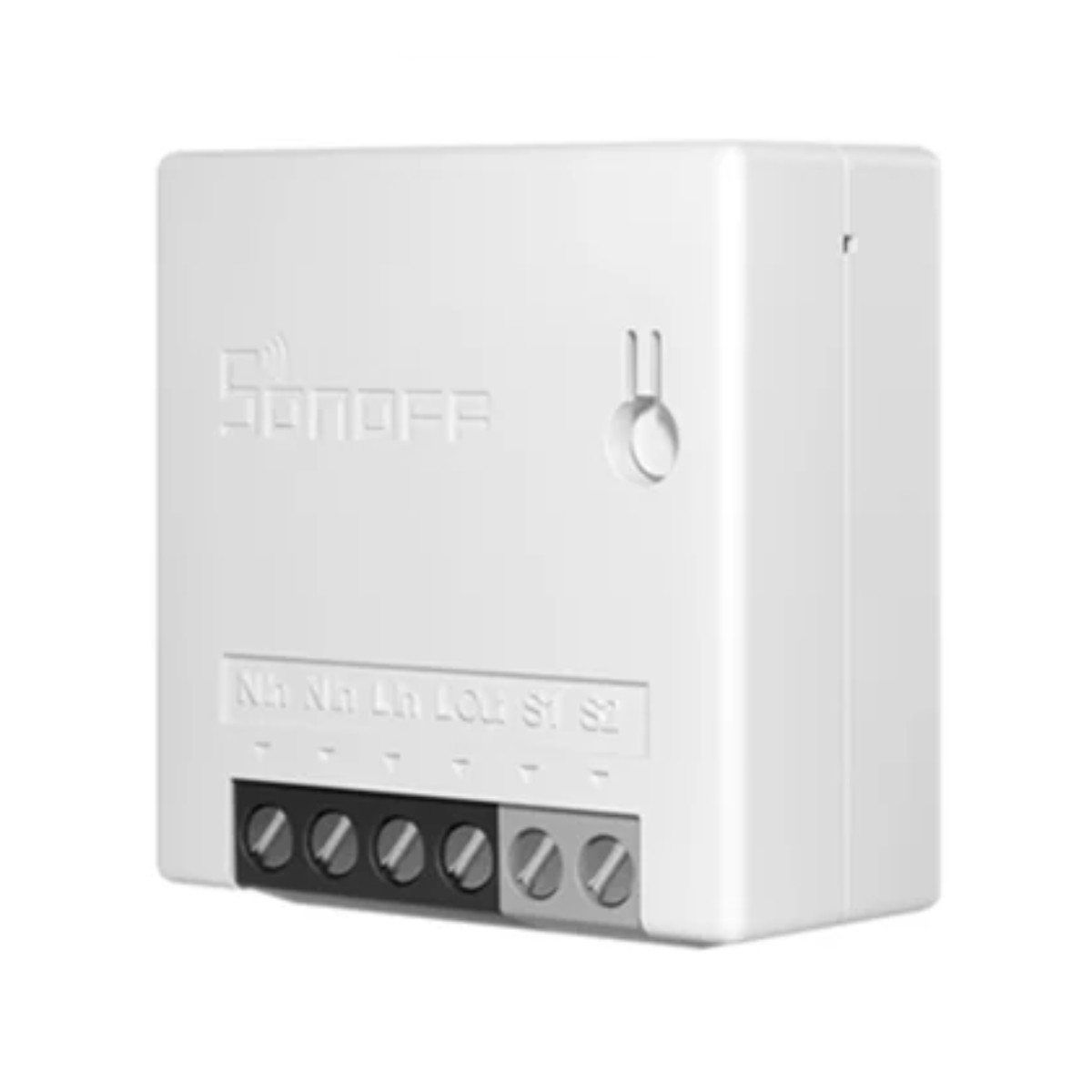 Dispositivo Sonoff bianco con morsetti a vite N, N, L, L, Out, S1, S2.