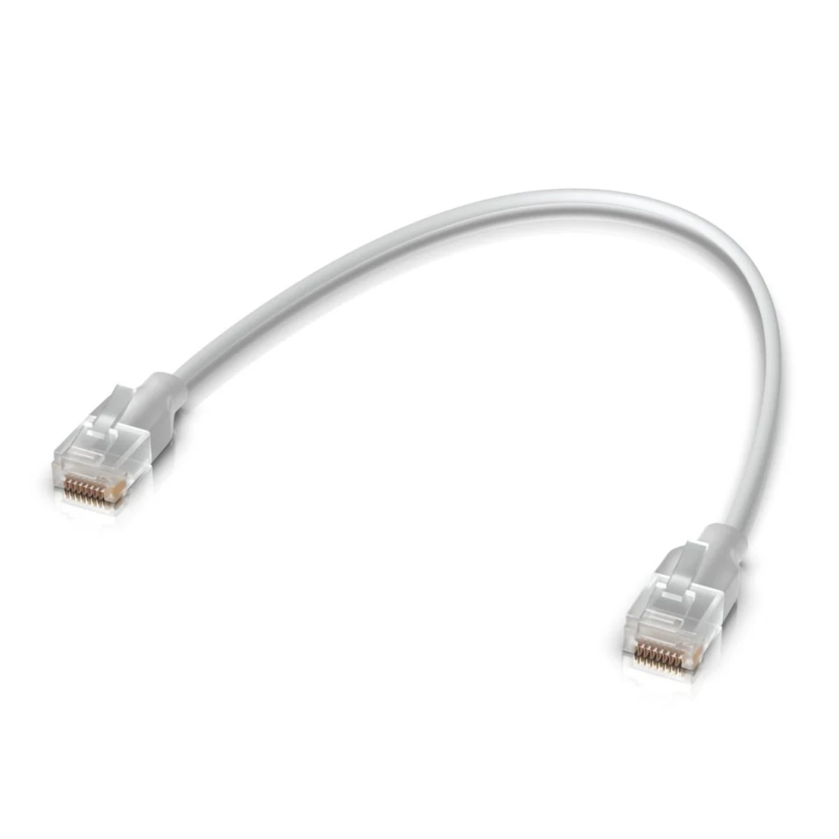 Un corto cavo Ethernet bianco con connettori RJ45 trasparenti.