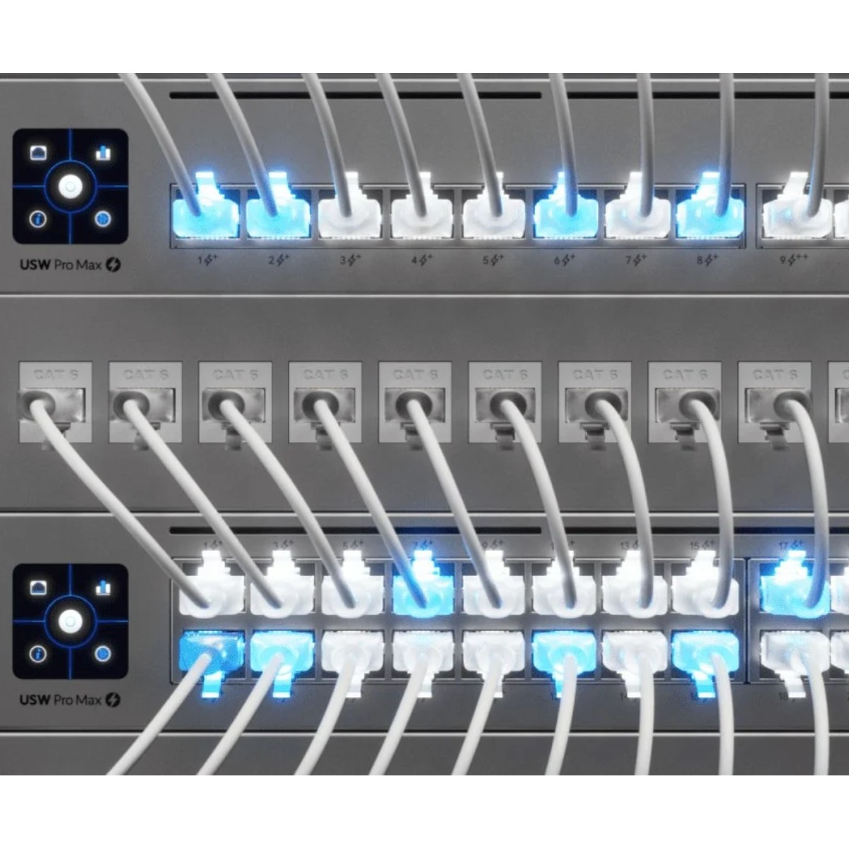 Due file di switch di rete con molti cavi CAT collegati, alcuni con luci blu.