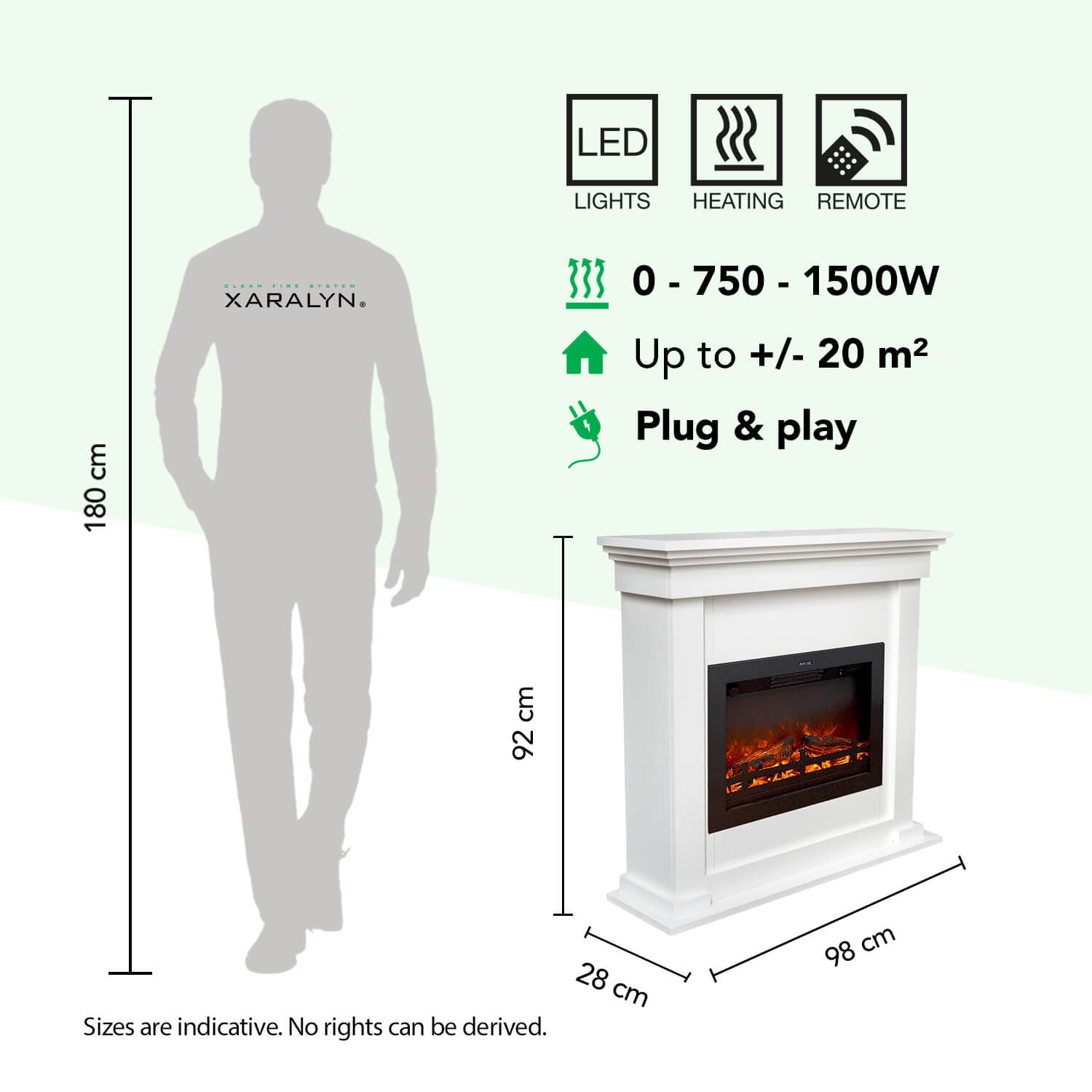 Een witte open haard met LED-verlichting, verwarming en afstandsbediening.