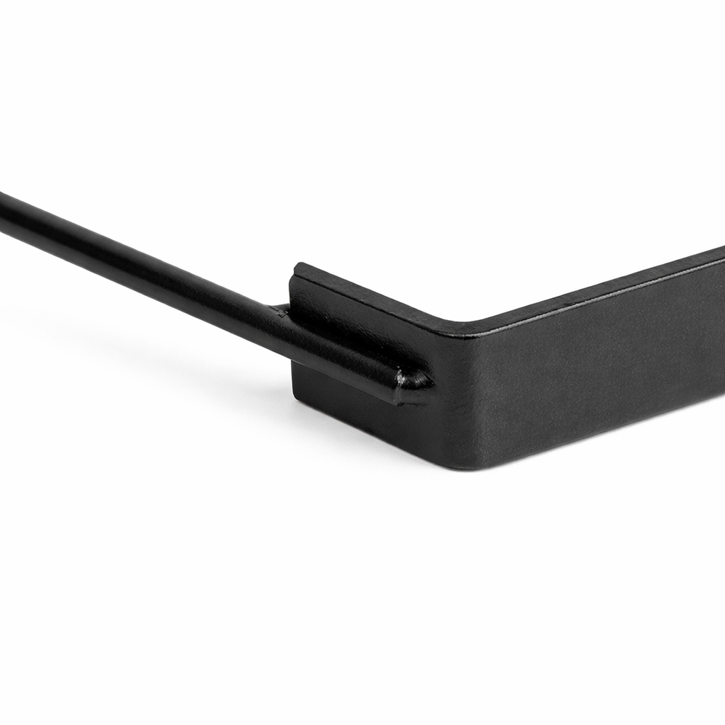 A black metal bracket with a thin rod attached to it, on a white background.