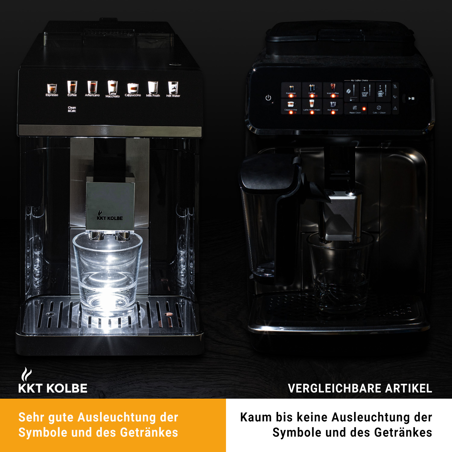Zwei Kaffeeautomaten im Vergleich: Einer mit beleuchteten Symbolen, der andere nicht.