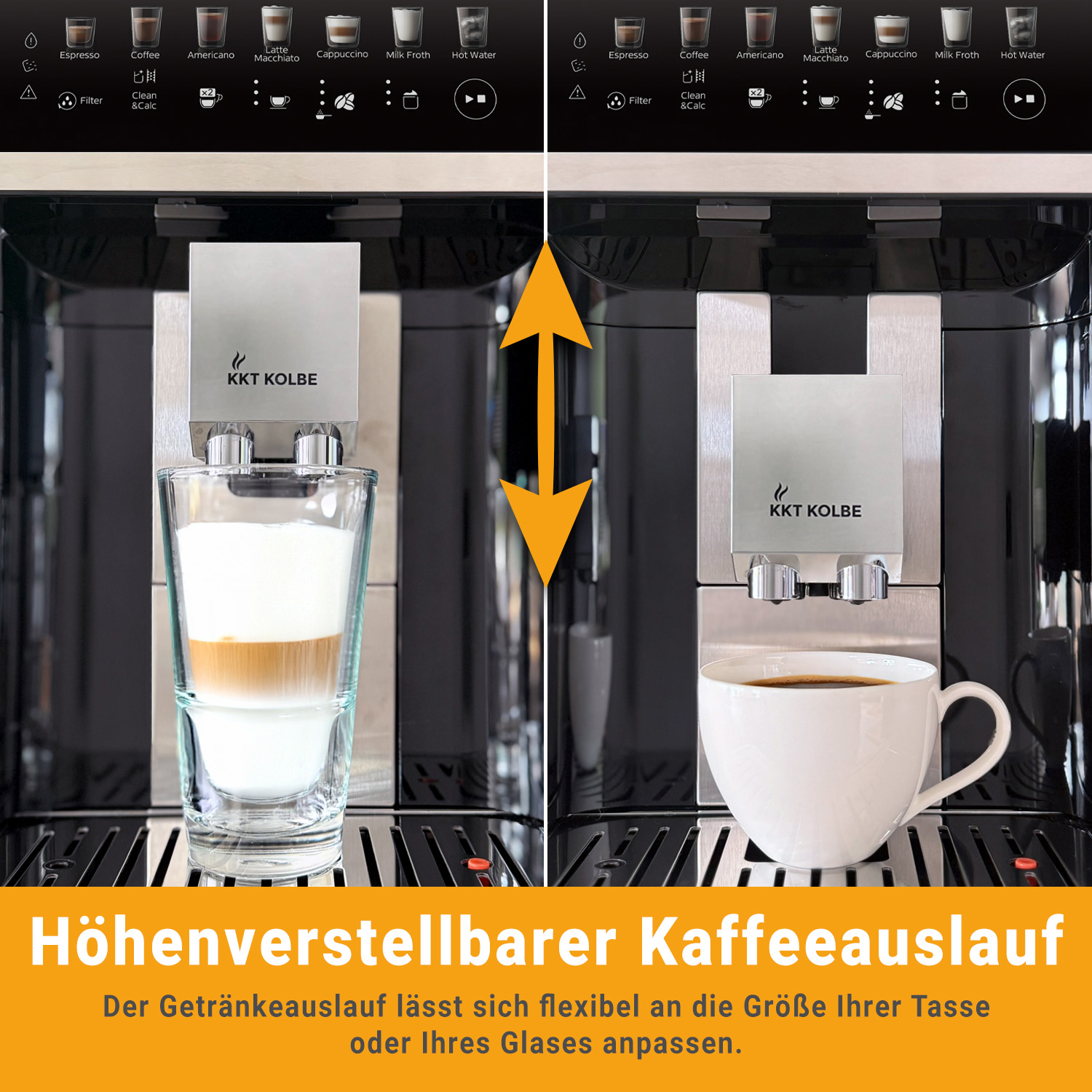 Kaffeeauslauf einer Maschine mit Glas und Tasse. Höhenverstellbar.
