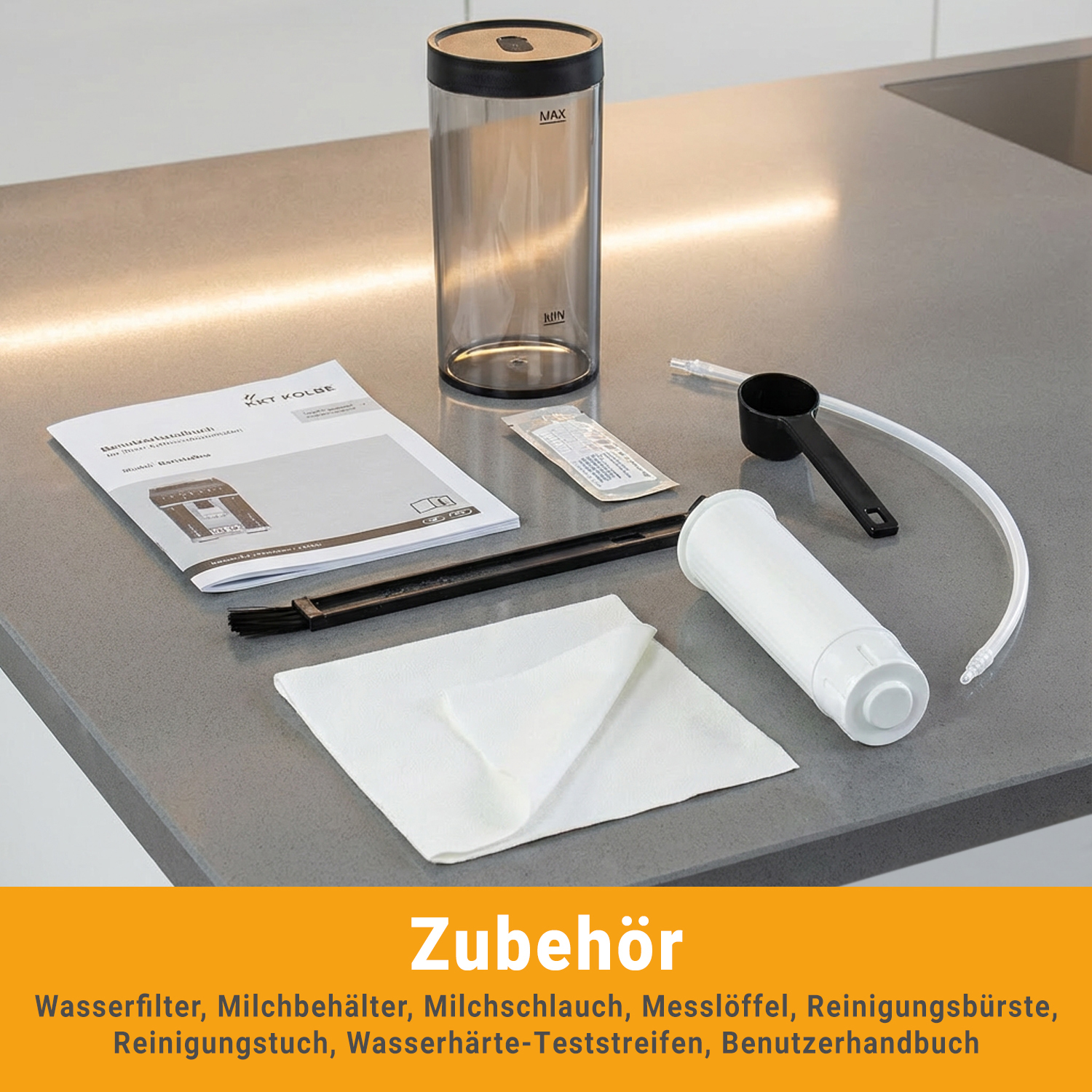 Zubehör: Wasserfilter, Milchbehälter, Schlauch, Löffel, Bürste, Tuch, Teststreifen, Handbuch.