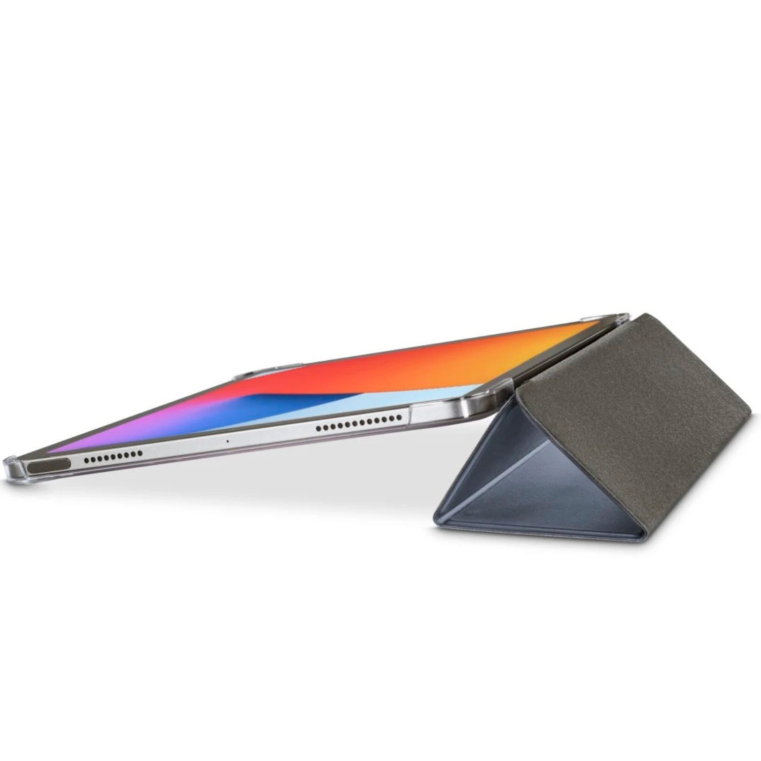 Tablet z kolorowym ekranem oparty na szarej podstawce.