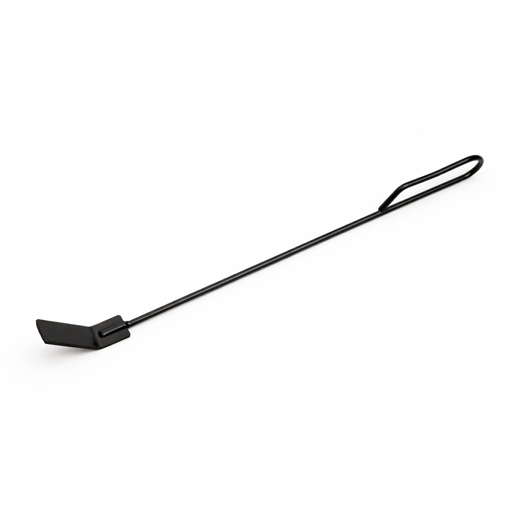 A long, thin, black fire poker with a bent end and a loop handle.