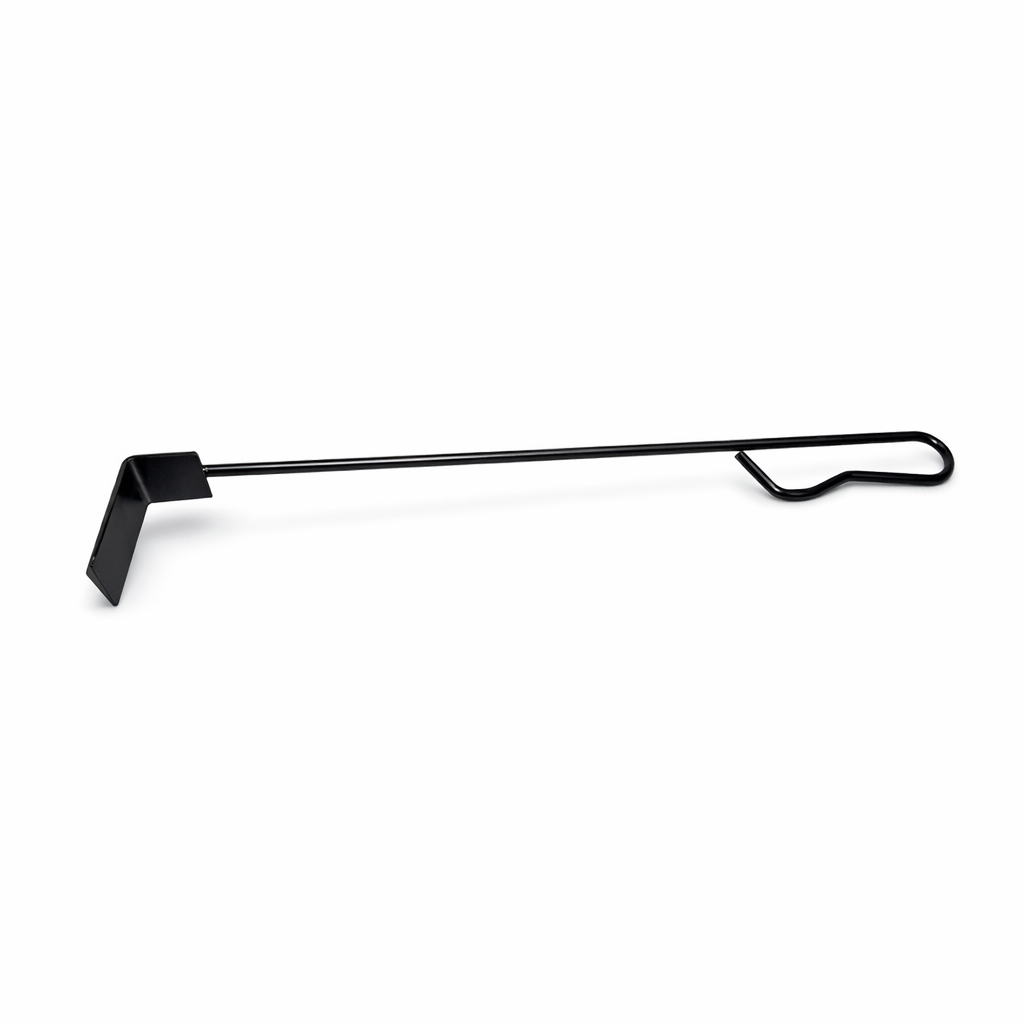 A black metal poker with an L-shaped end and a looped handle.