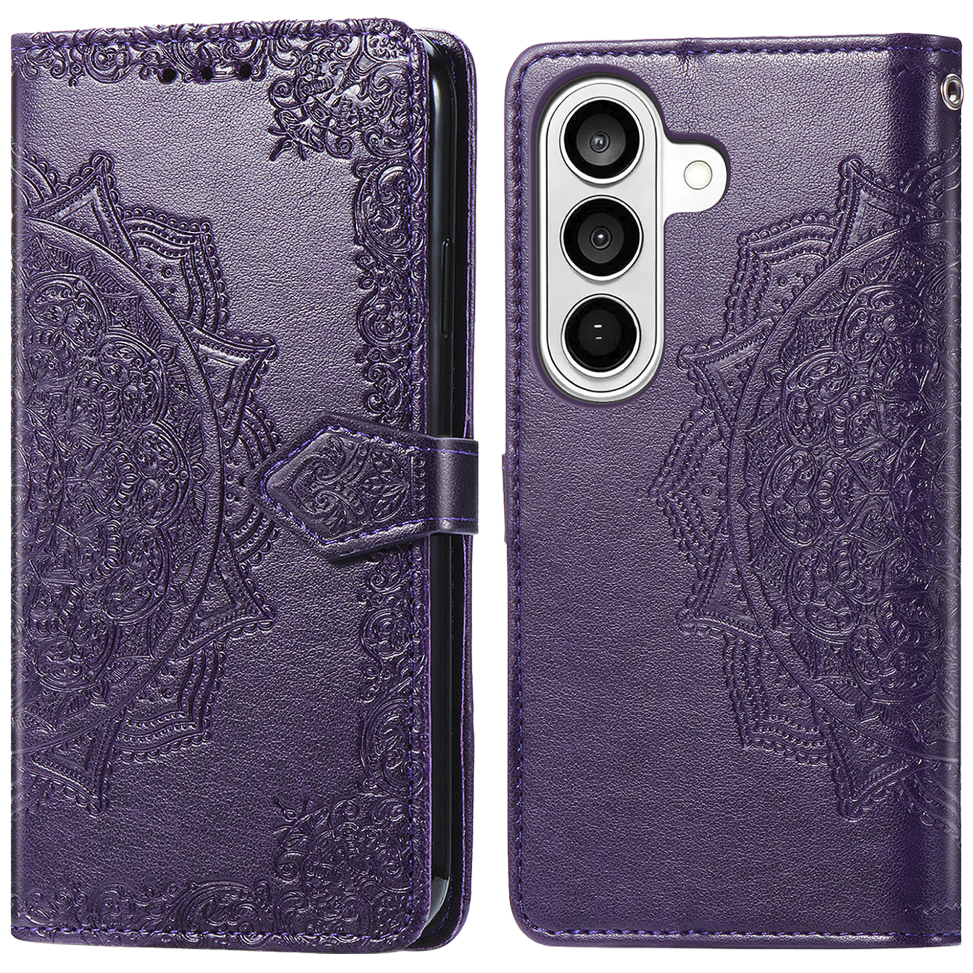 Paarse telefoonhoes met reliëf mandala, gevouwen en achterkant weergave.
