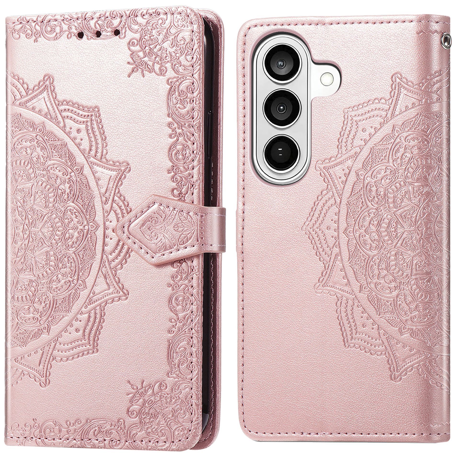 Une coque de téléphone rose avec un motif mandala et trois objectifs.