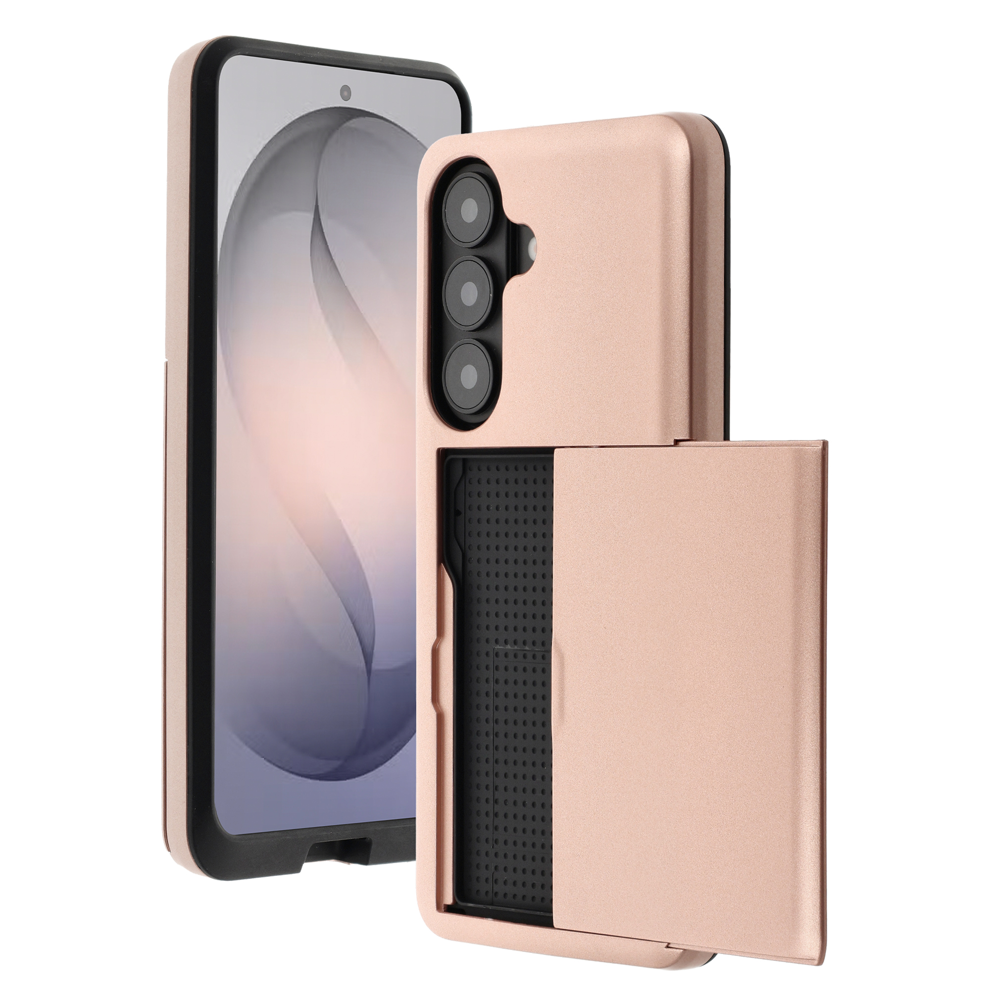Een roségouden telefoonhoesje met een camerabobbel en een kaartsleuf.