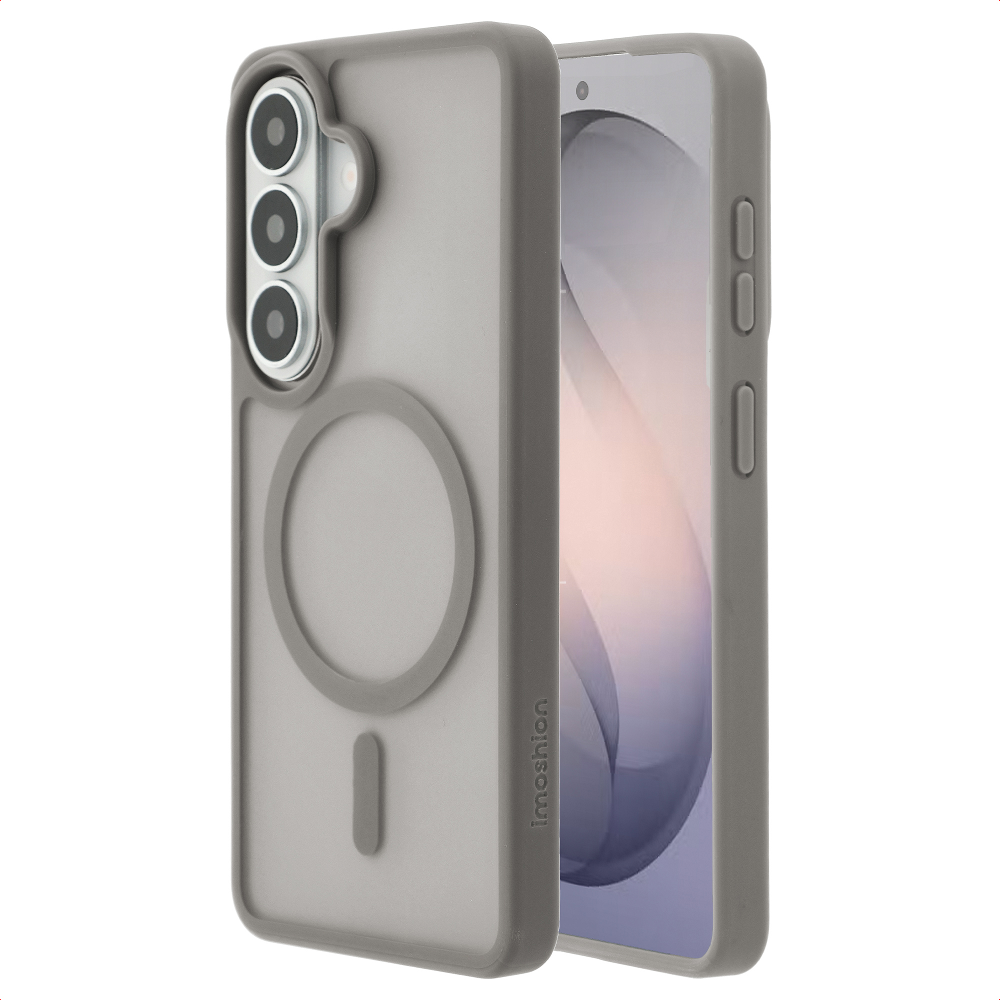 Grijze telefoonhoes met MagSafe-ring en camera-uitsparing, naast een smartphone.