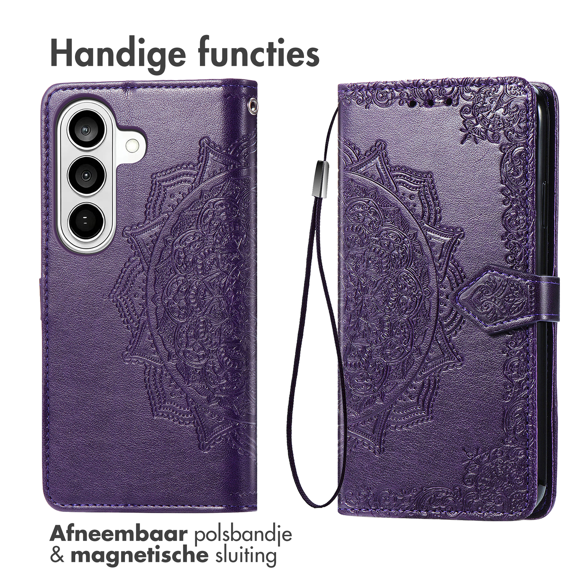 Paarse telefoonhoes met reliëf mandala, camera-uitsparingen en riempje.