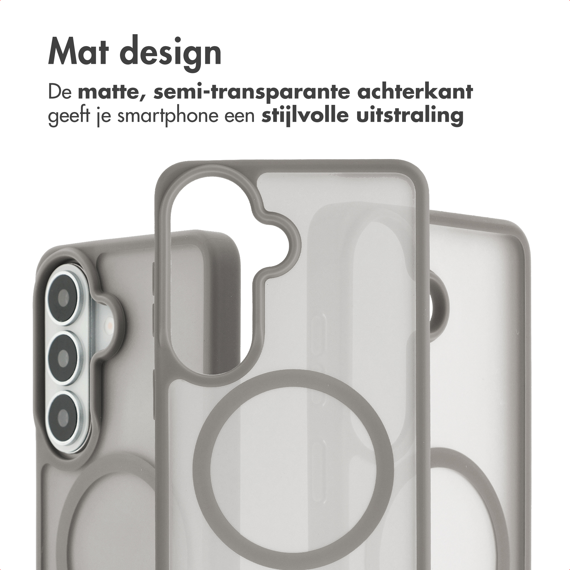 Grijze telefoonhoes met mat, semi-transparant design en cirkelvormige accenten.
