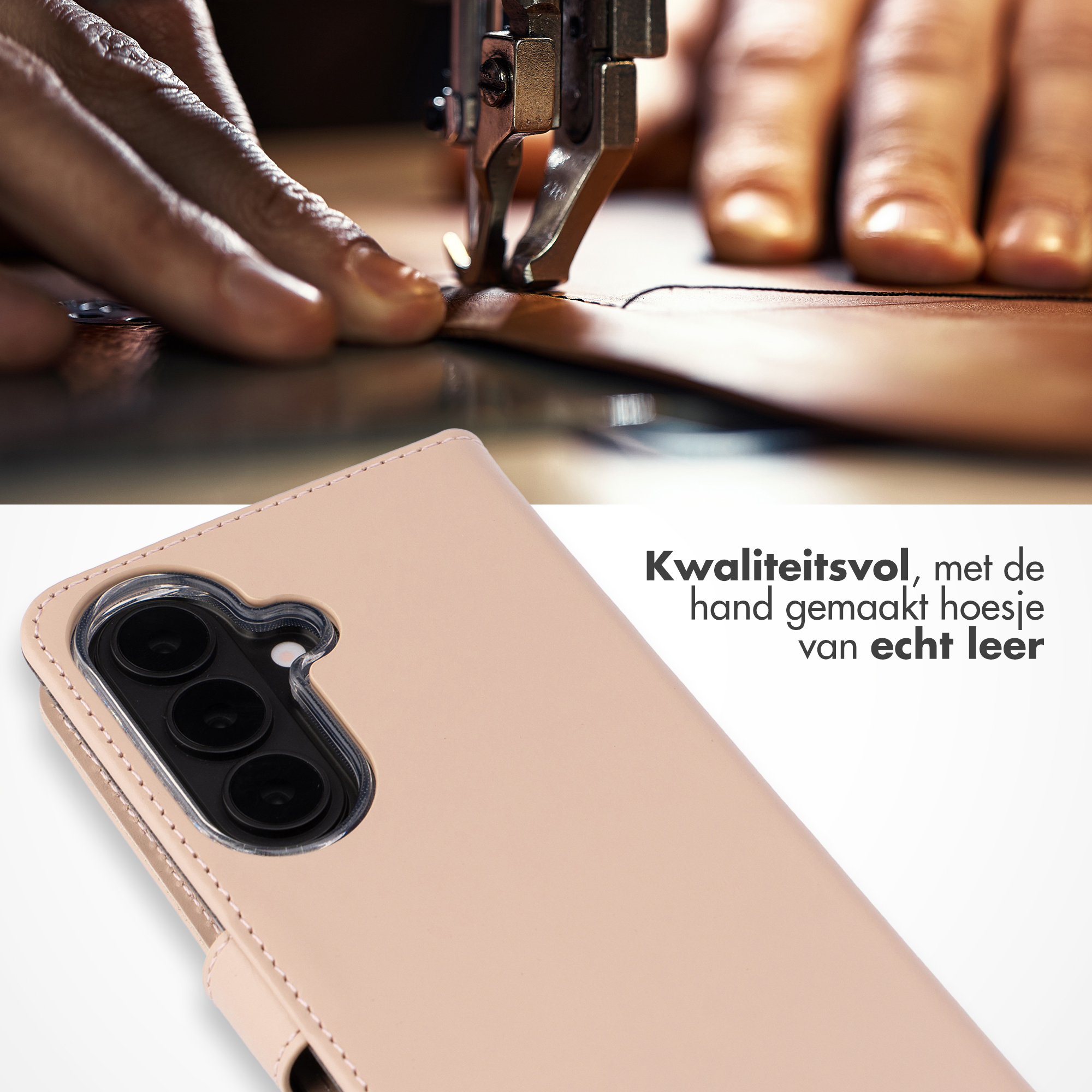 Handen naaien leer met machine. Lichte smartphonehoes.