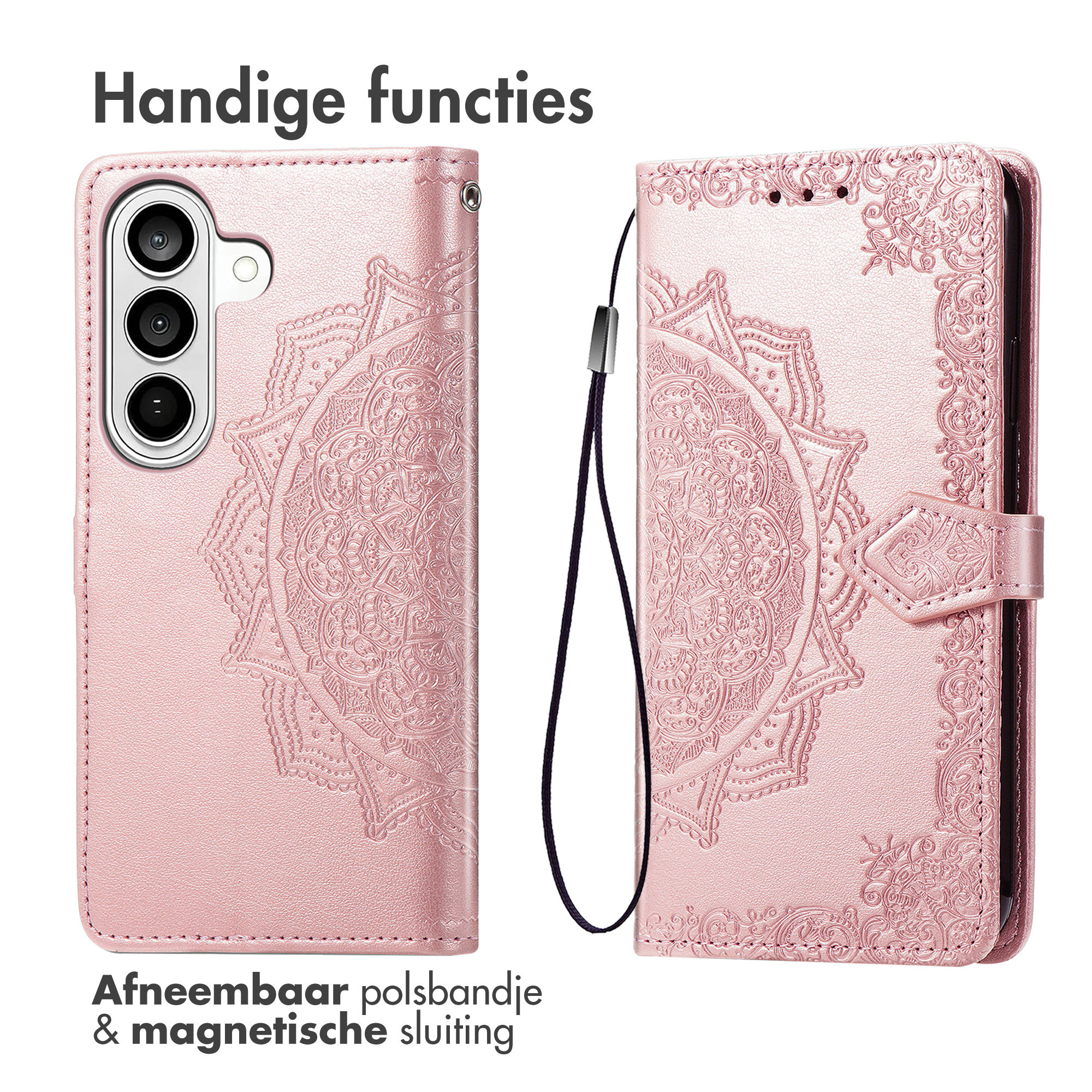 Coque de téléphone rose avec mandala en relief, découpe caméra et dragonne.