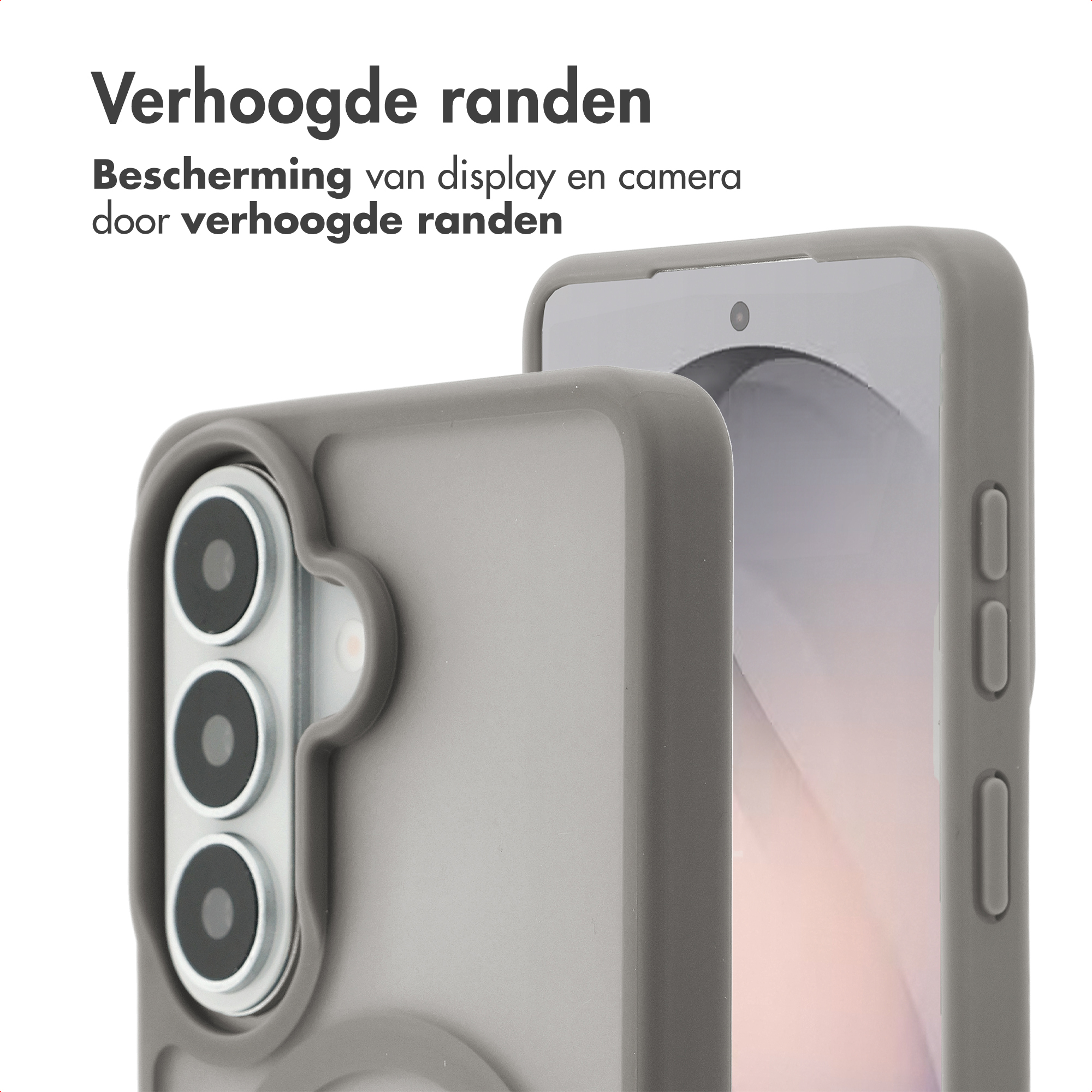 Grijze telefoonhoes met verhoogde randen voor camera en display.