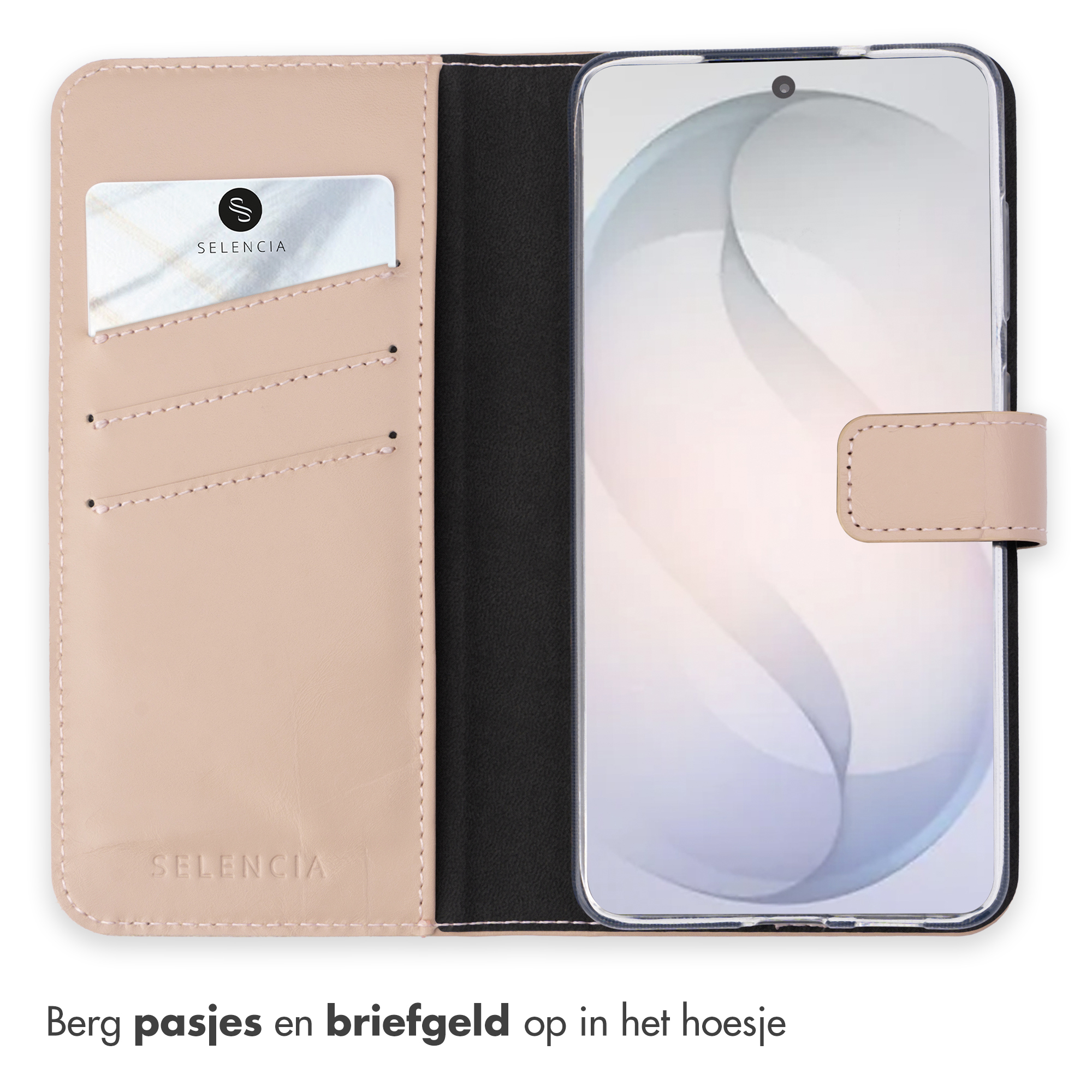 Een lichtroze telefoonhoesje met kaartsleuven en een telefoon.