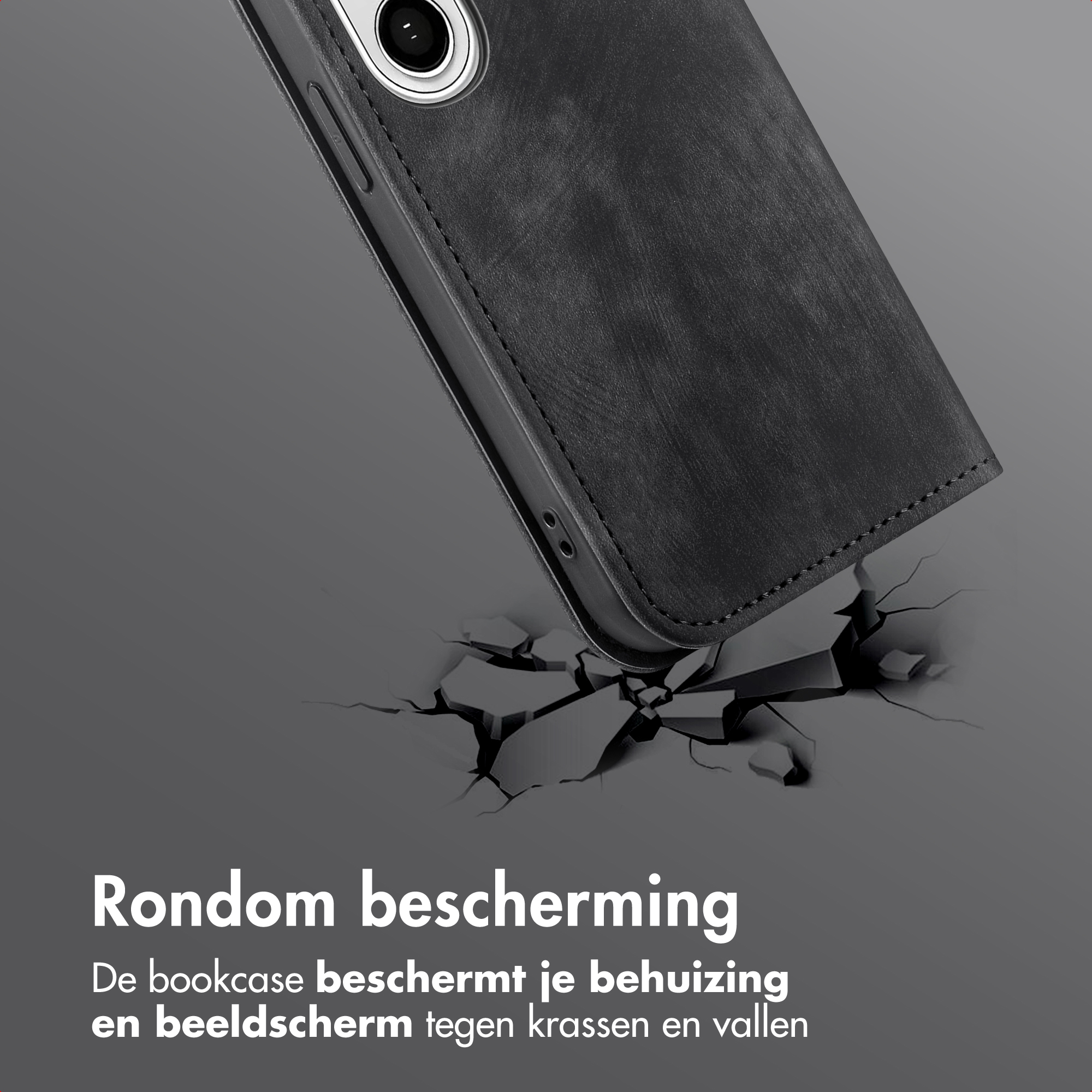 Zwarte telefoonhoes valt, breekt oppervlak. Rondom bescherming.
