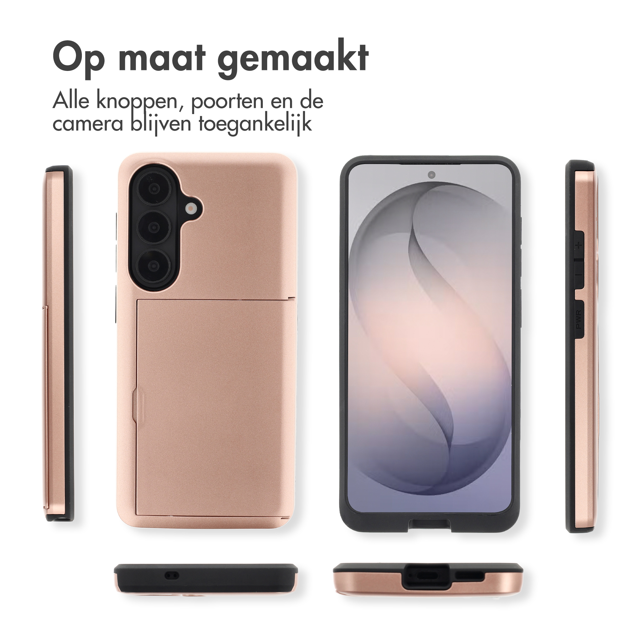 Een roségouden telefoonhoesje wordt van alle kanten getoond, met een telefoon erin.