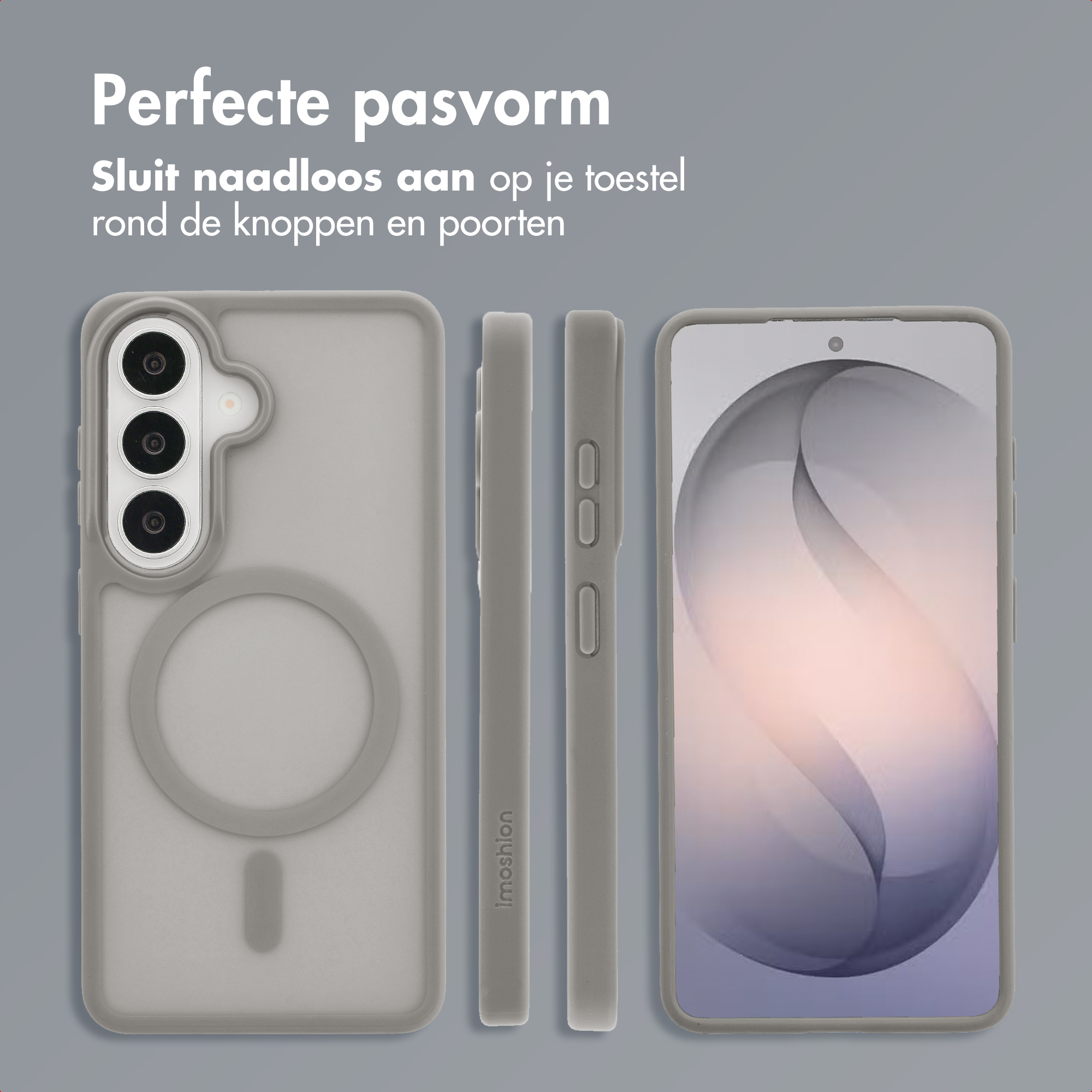 Grijze telefoonhoes voorzijde, zijkant en met scherm. Past perfect rond knoppen.