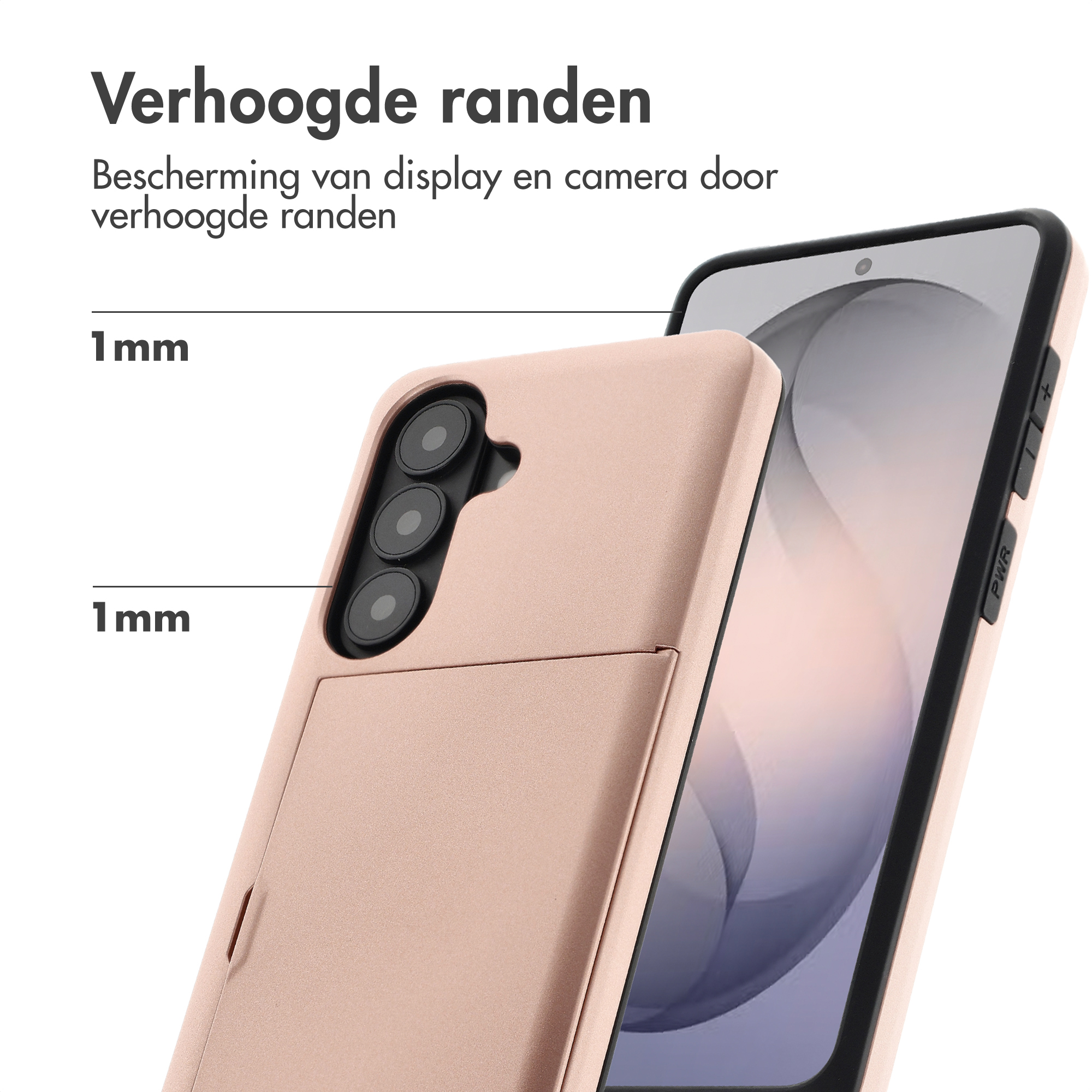 Een roségouden telefoonhoes met verhoogde randen beschermt het display en de camera.