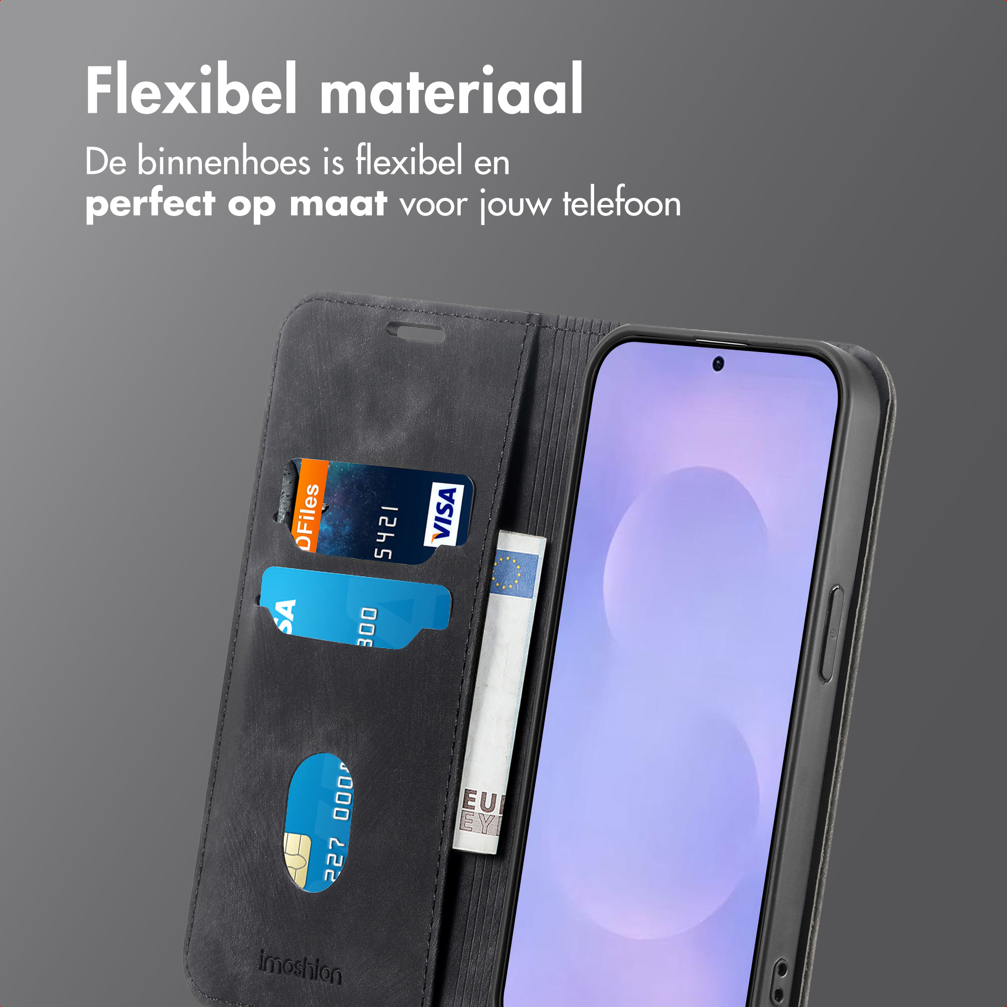 Zwarte telefoonhoes met kaartsleuven en geldvak. Bevat kaarten en een bankbiljet.