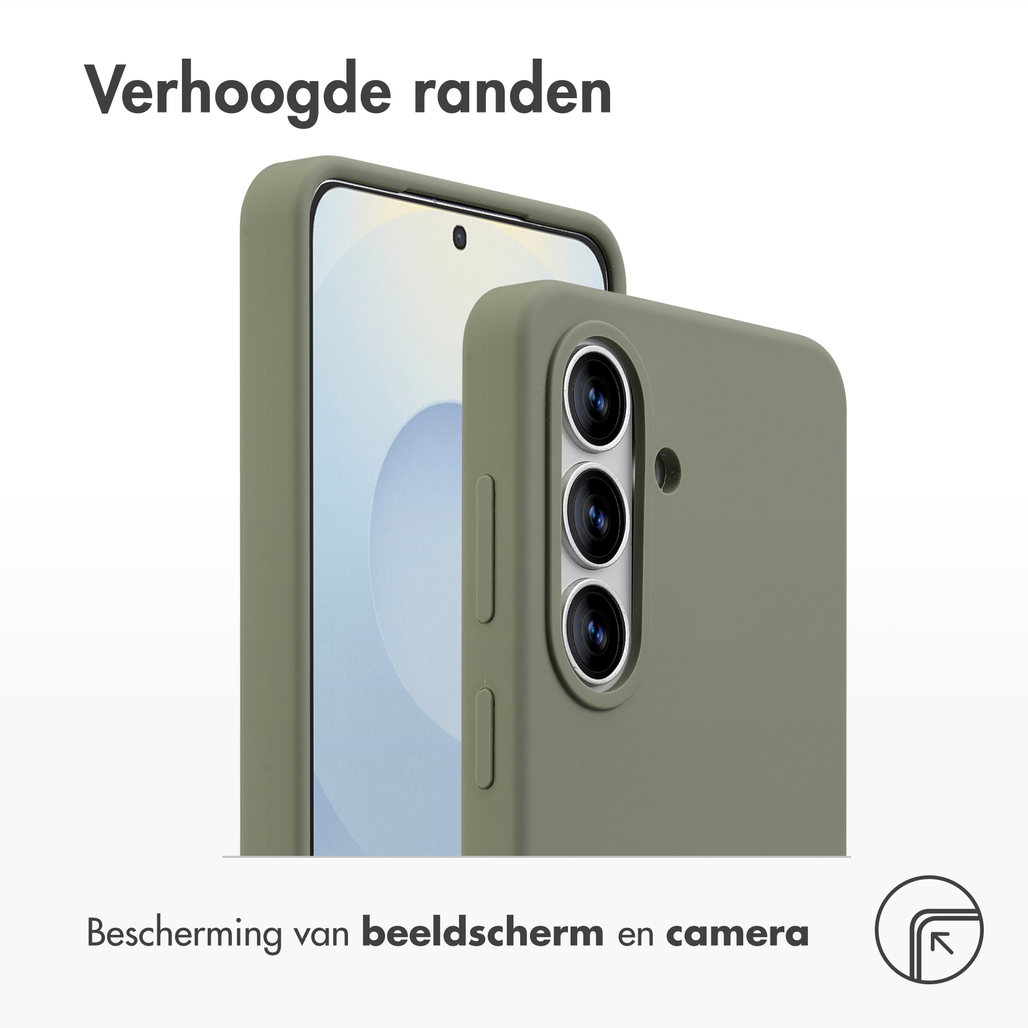 Groene telefoonhoes met verhoogde randen beschermt scherm en camera.