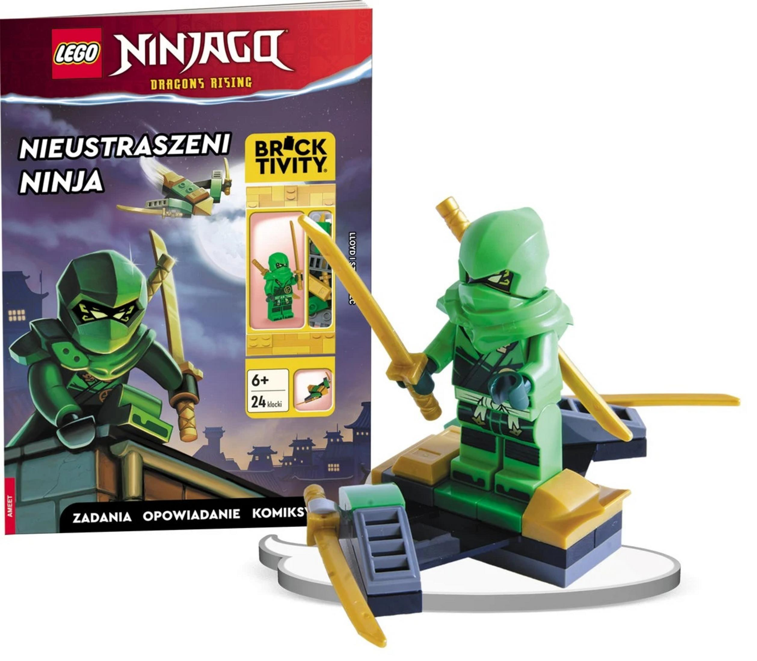 Książka LEGO Ninjago z zieloną figurką ninja i złotymi mieczami na postumencie.