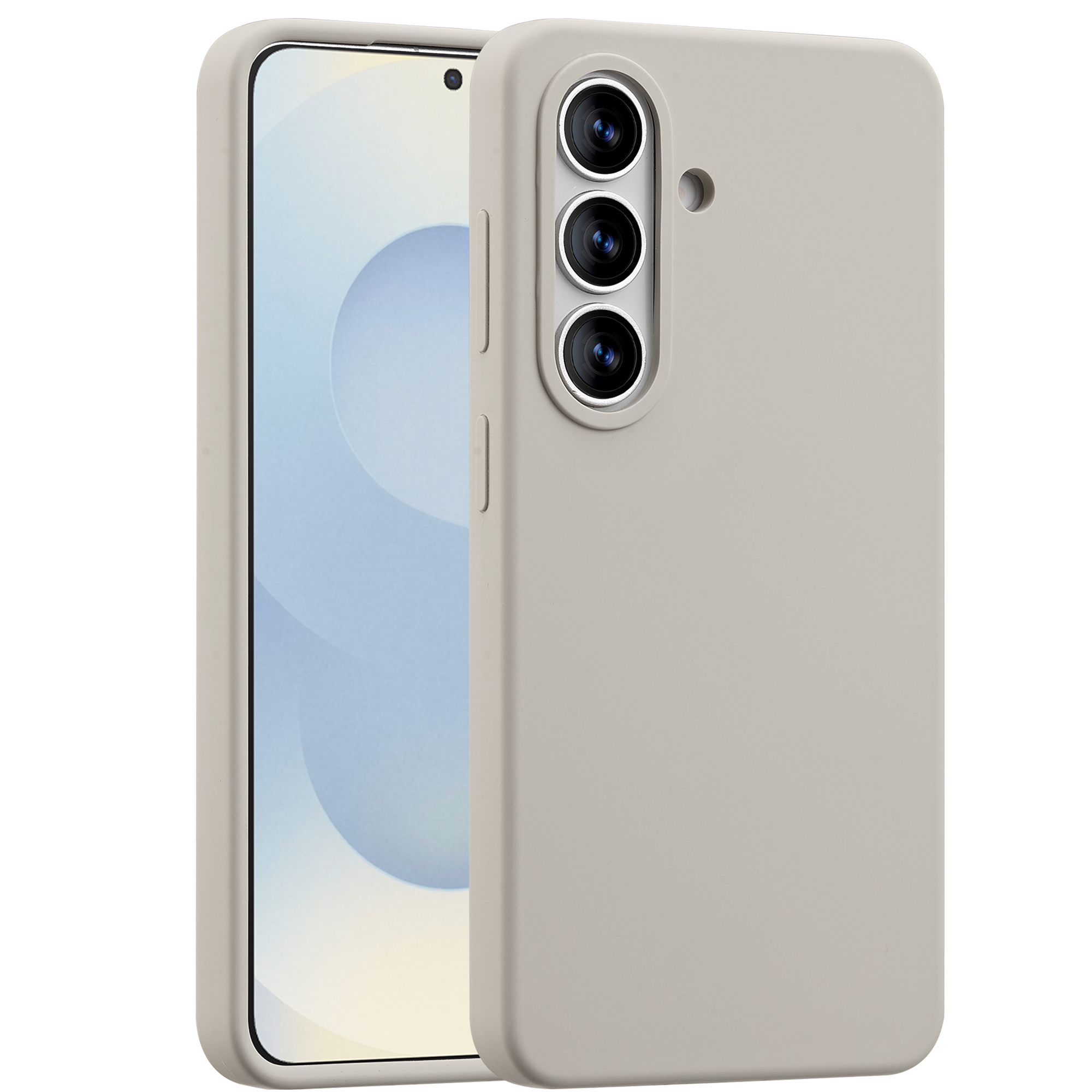 Un téléphone gris clair avec triple appareil photo et écran lumineux.