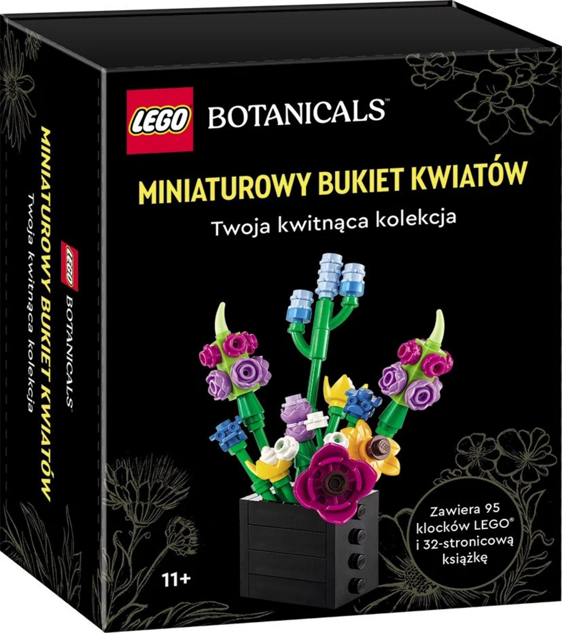 Zestaw LEGO Botanicals z klockami kwiatów w czarnym pudełku.