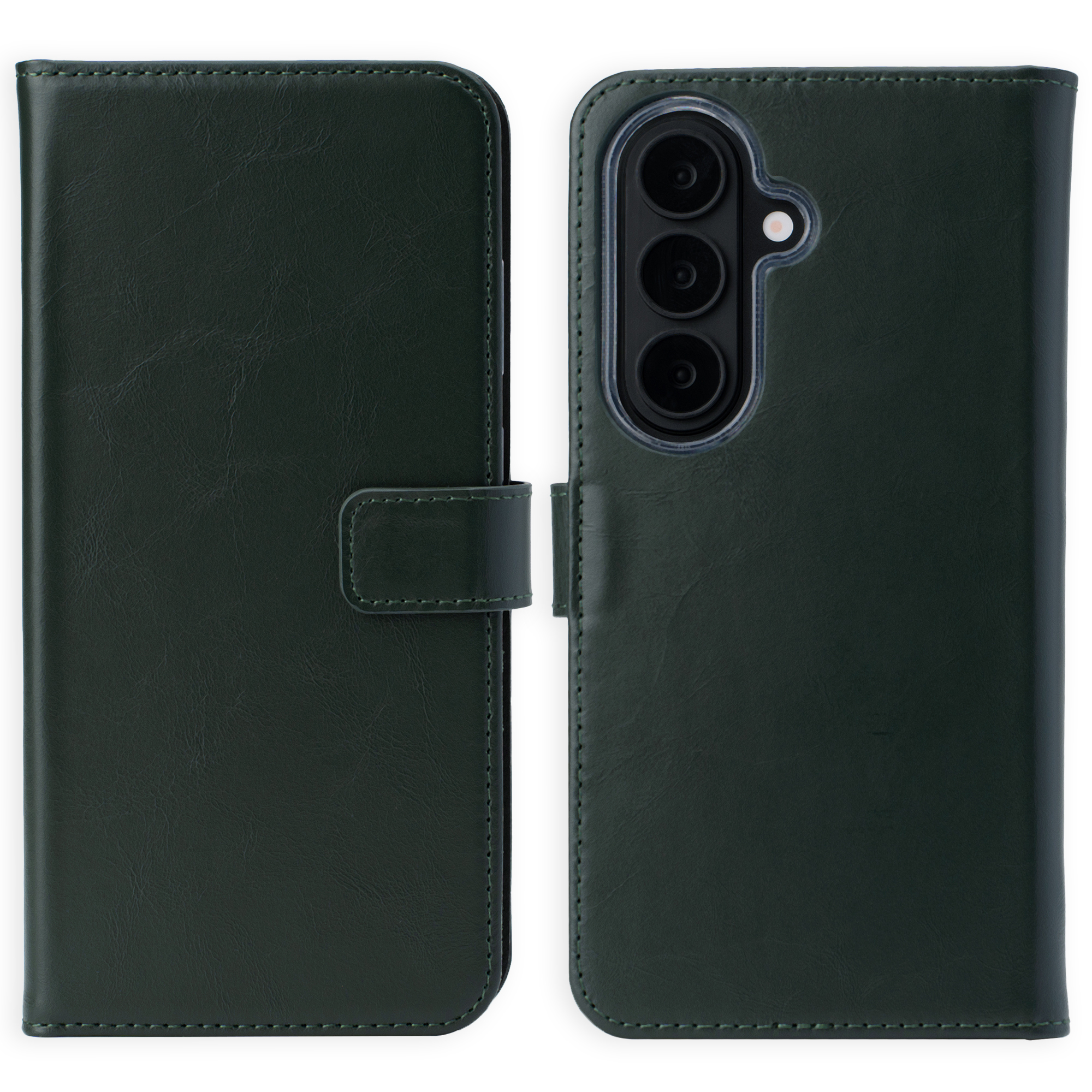 Donkergroene telefoonhoes met drie cameralensjes en magnetische sluiting.