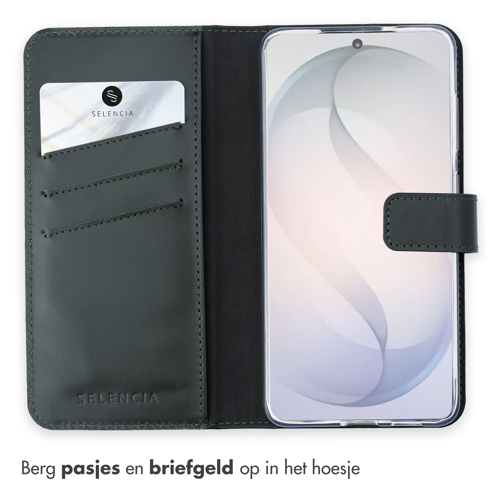 Donkergroene leren telefoonhoes met kaarthouders en smartphone.