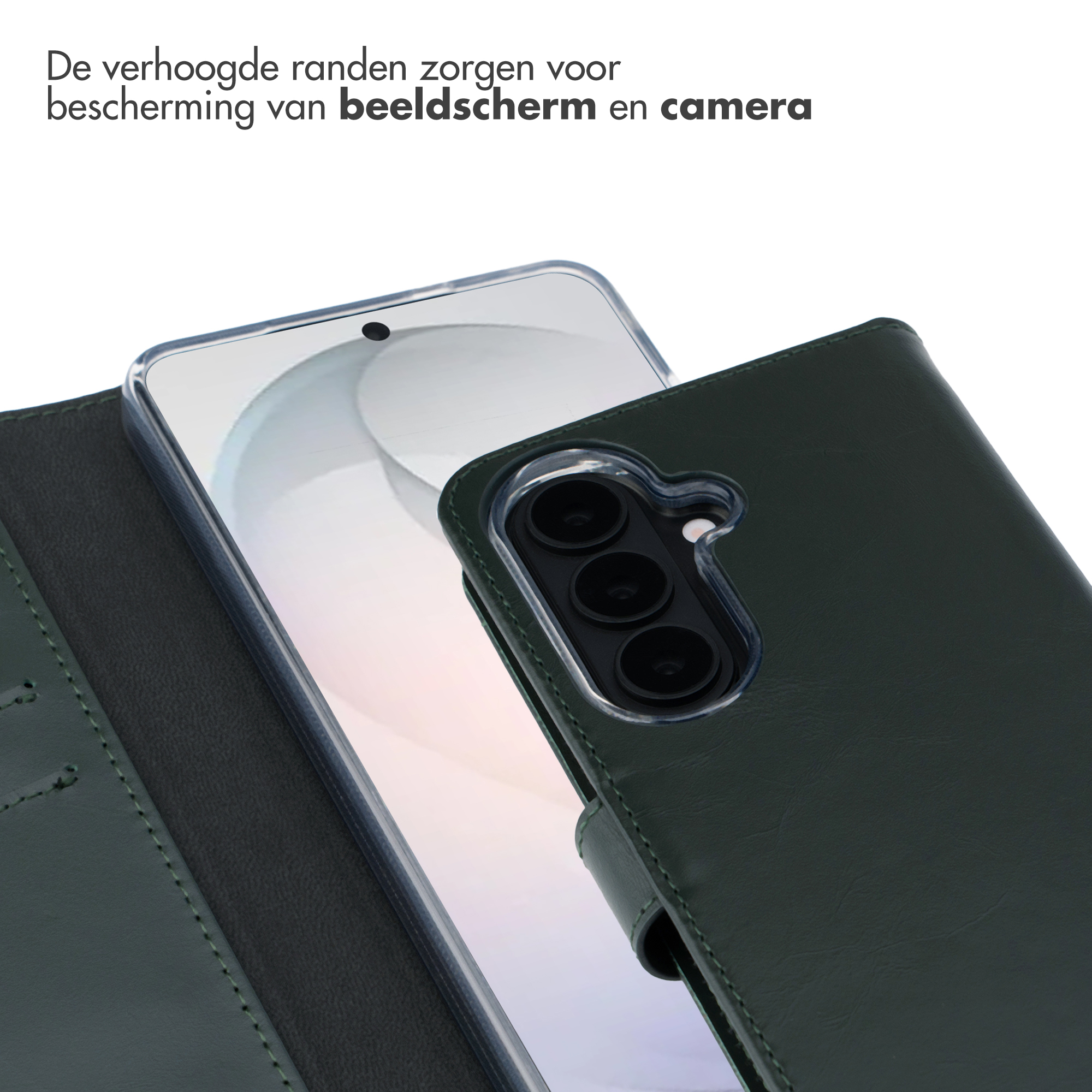 Donkergroene telefoonhoes met verhoogde randen beschermt scherm.