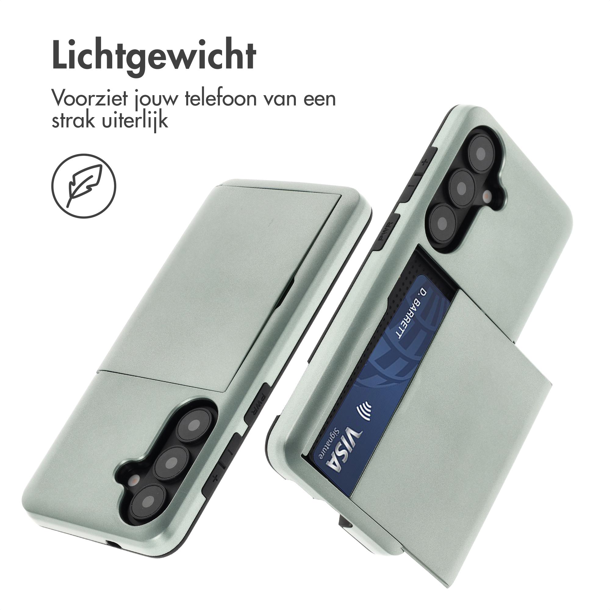 Twee lichtgroene telefoonhoesjes met kaarthouder en camera's. Eén toont een Visa kaart.