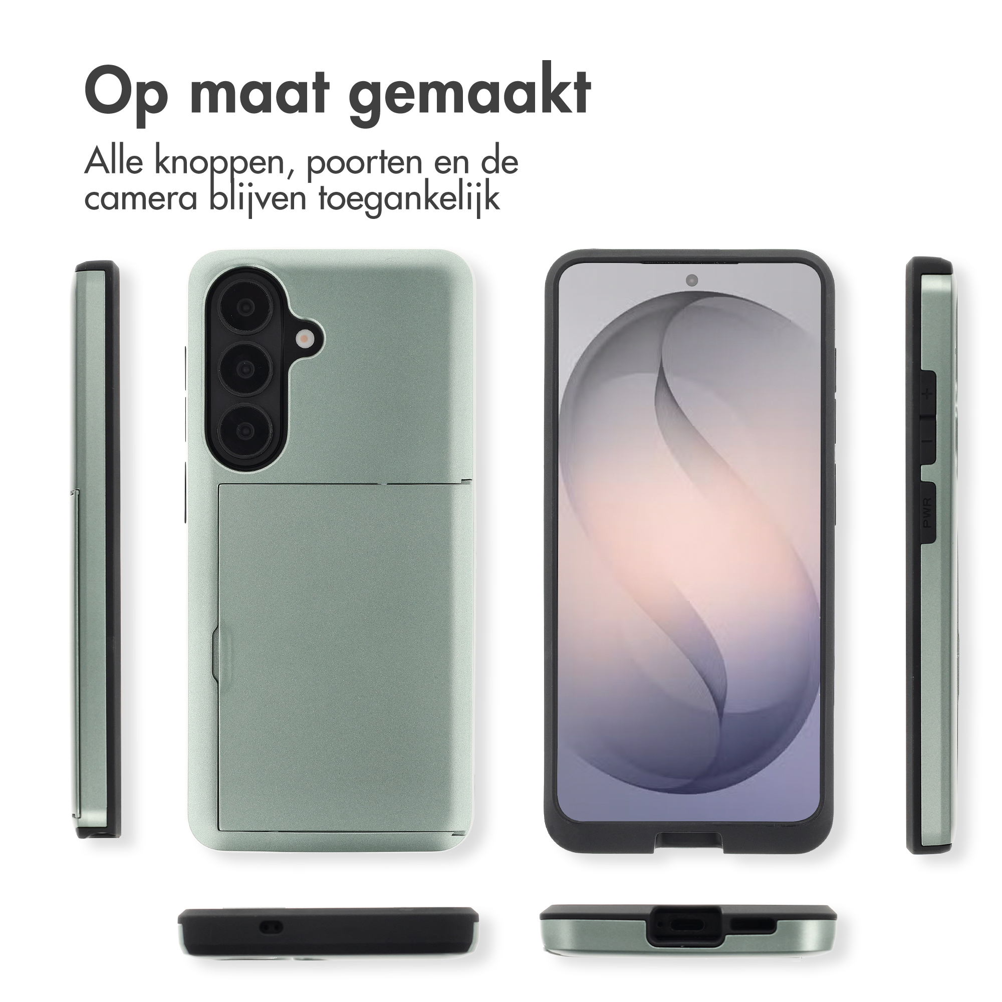 Groene telefoonhoes met camera-uitsparing en klapvak. Toont voor-, achter- en zijaanzichten.