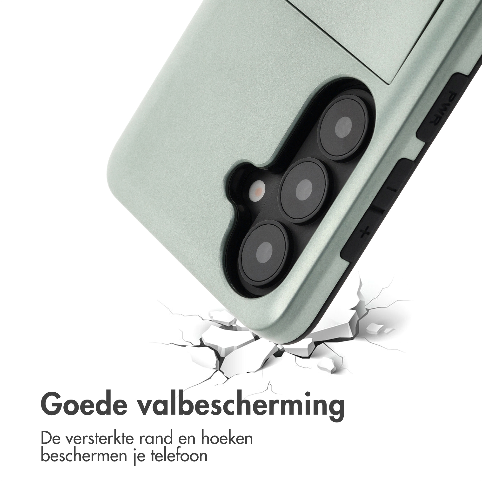 Een lichtgroene telefoonhoes valt op een gebarsten oppervlak.