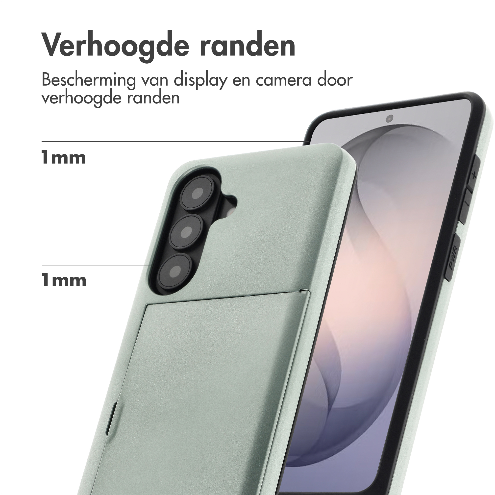 Een lichtgroene telefoonhoes beschermt de camera en het scherm.