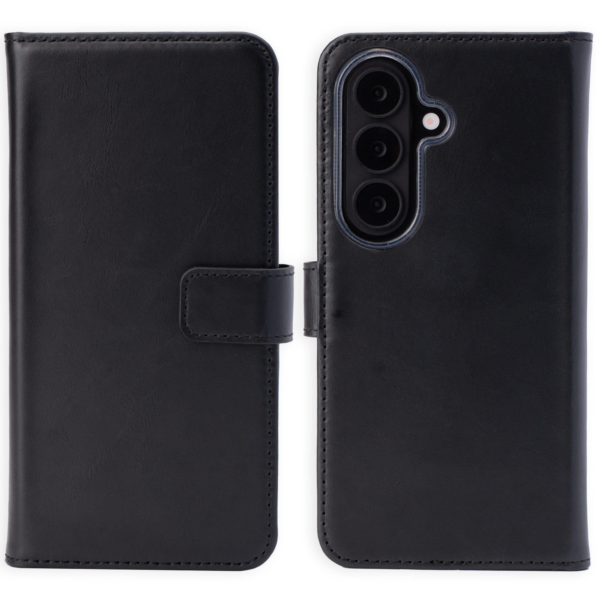 Zwarte leren flip telefoonhoes met drie cameralenzen en flitser.