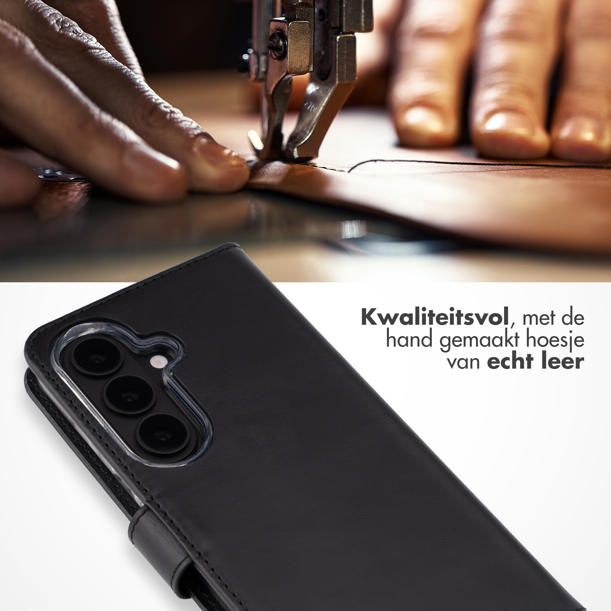 Close-up van een naaimachine die leer naait en een zwarte telefoonhoes.