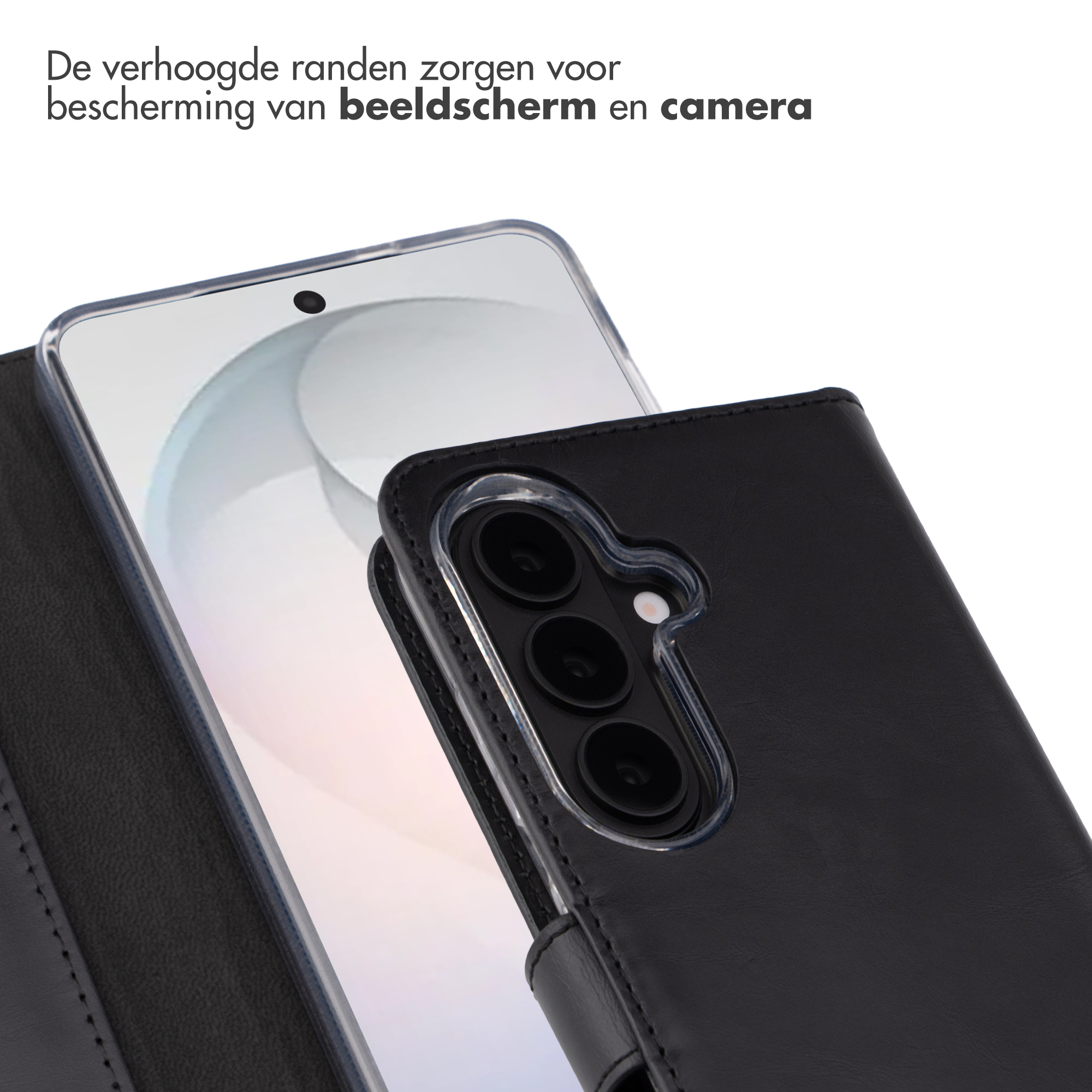 Zwarte flip telefoonhoes met verhoogde randen die scherm en camera beschermen.