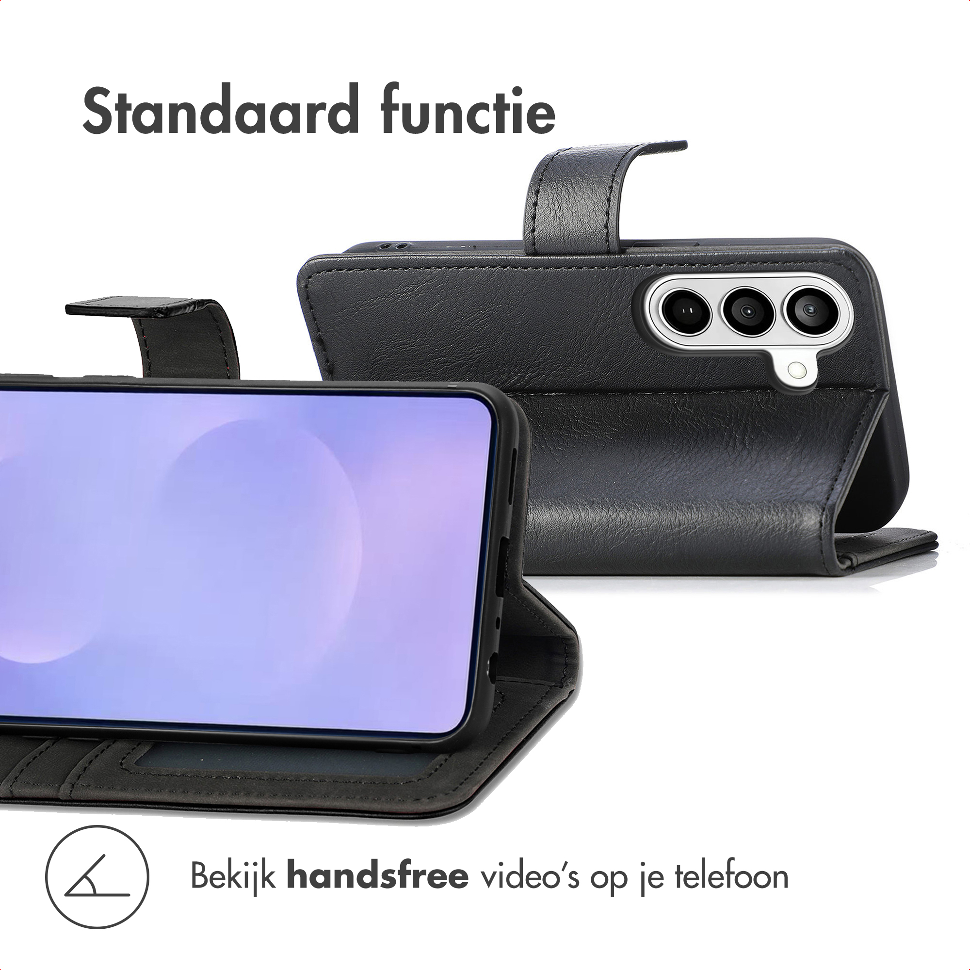 Zwarte telefoon flip case met drie camera's en een scherm.
