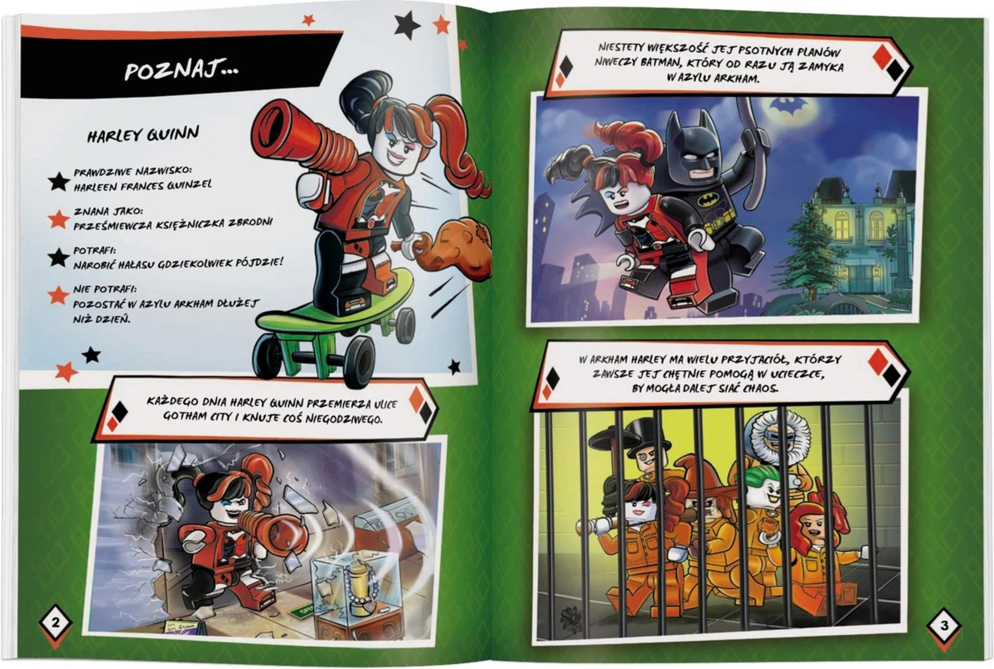 Harley Quinn na deskorolce z dużą bronią, Batman ją łapie, więźniowie w Arkham Asylum.