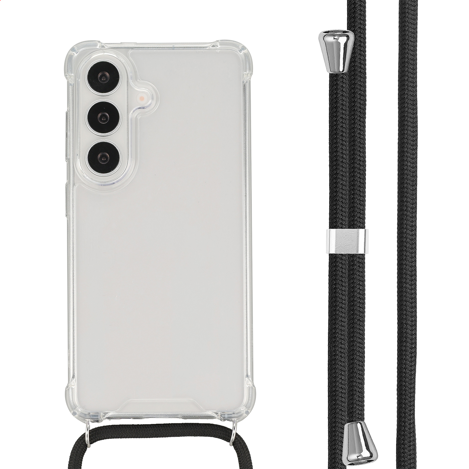Coque transparente avec cordon noir et accents argentés.